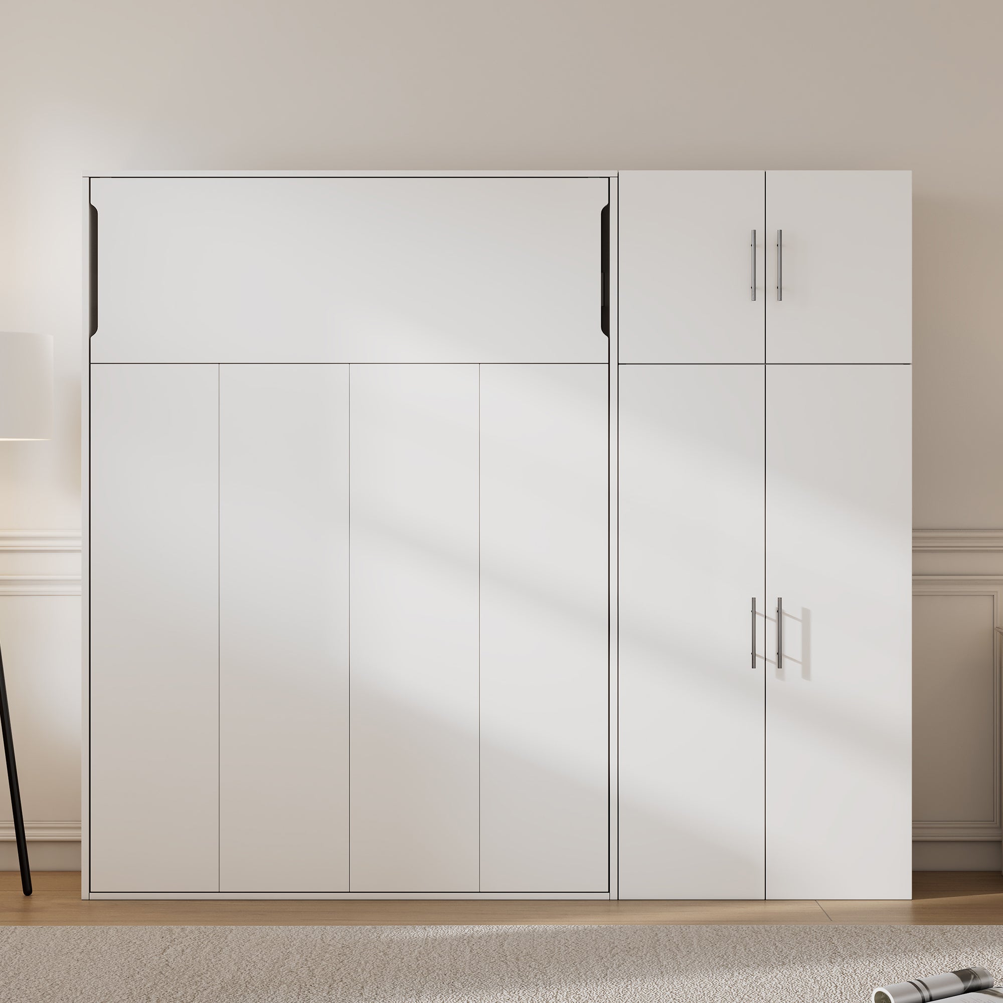 Full Size Murphy Bed with Lockers and Wardrobes, White