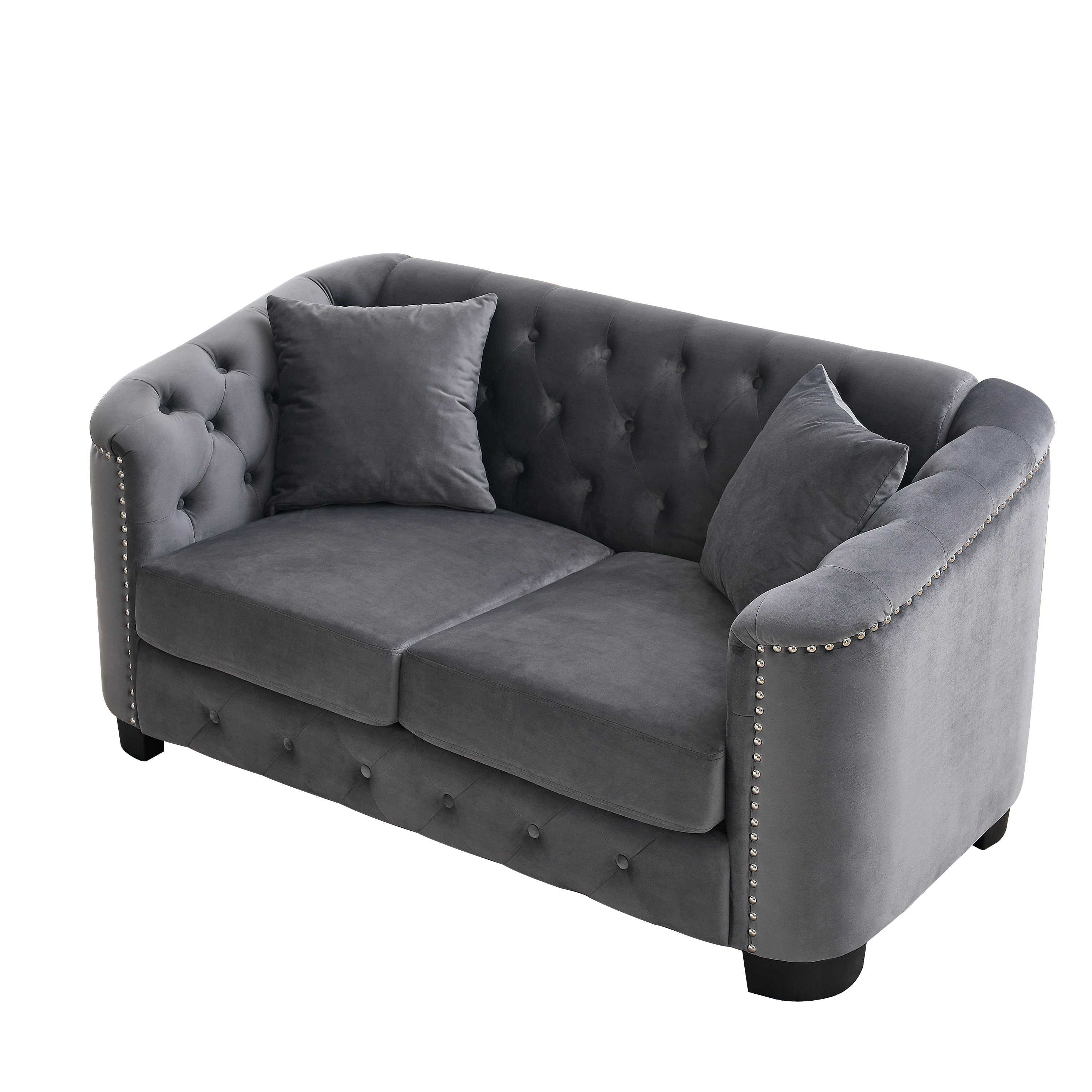 59-Inch Modern Chesterfield Velvet Sofa, 2-Seater Sofa, Upholstered Tufted Backrests with Nailhead Arms and 2 Cushions for Living Room, Bedroom, Apartment, Office (Grey)