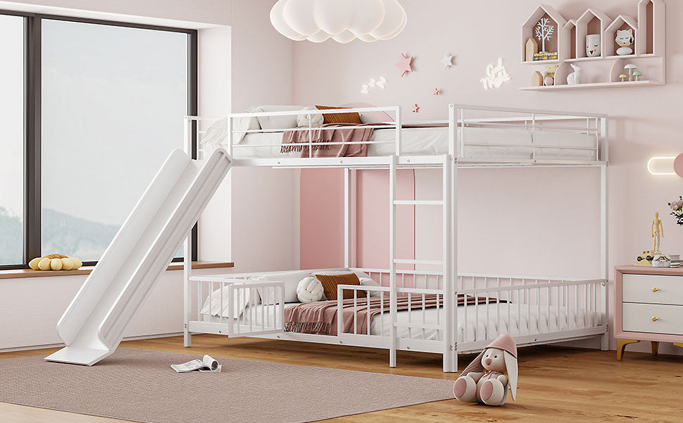 Full over Full Size Metal Bunk Bed with Slide and Guardrails, White