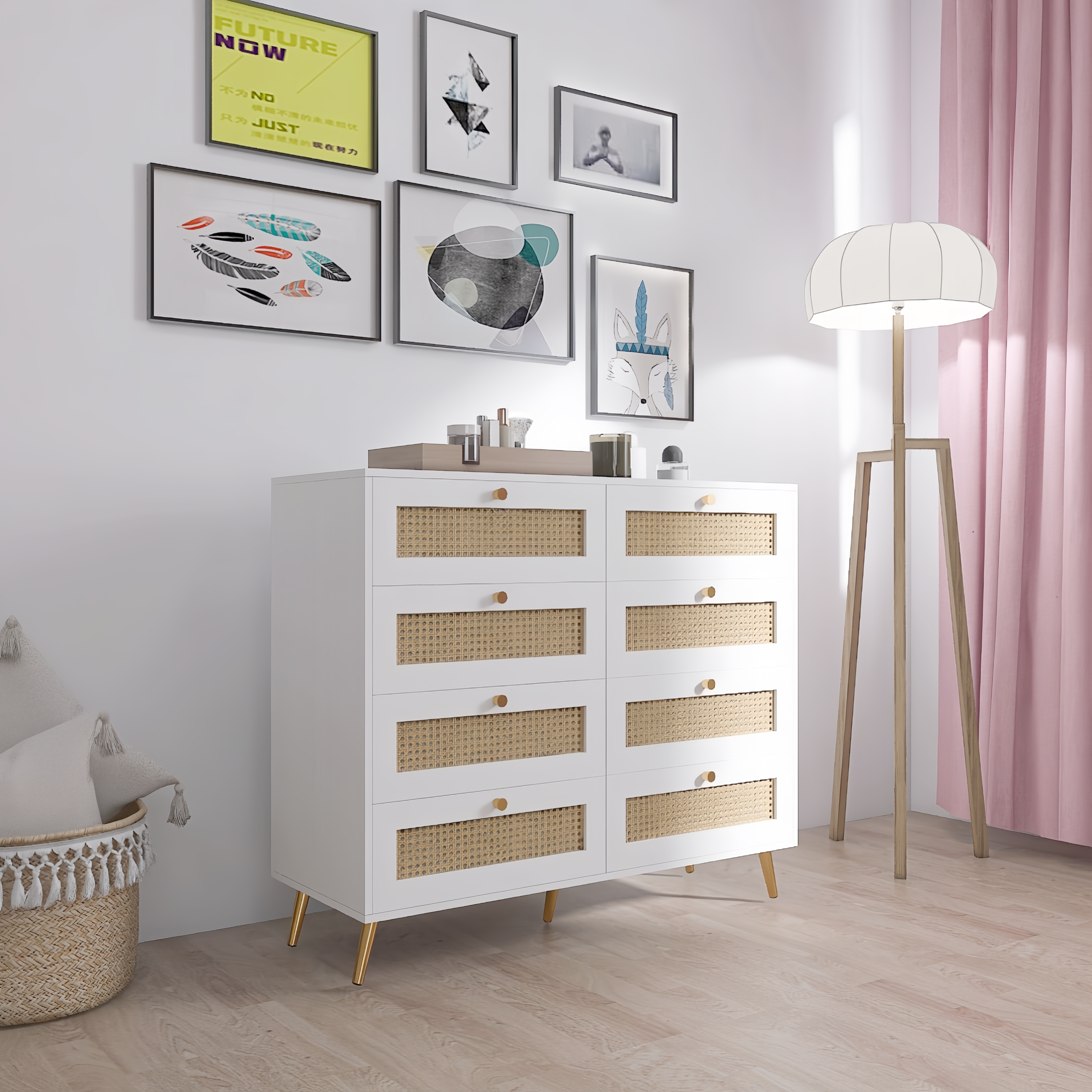 White Color 8 Drawers Chest of Drawers with Rattan Drawer Face Golden Legs and Handles