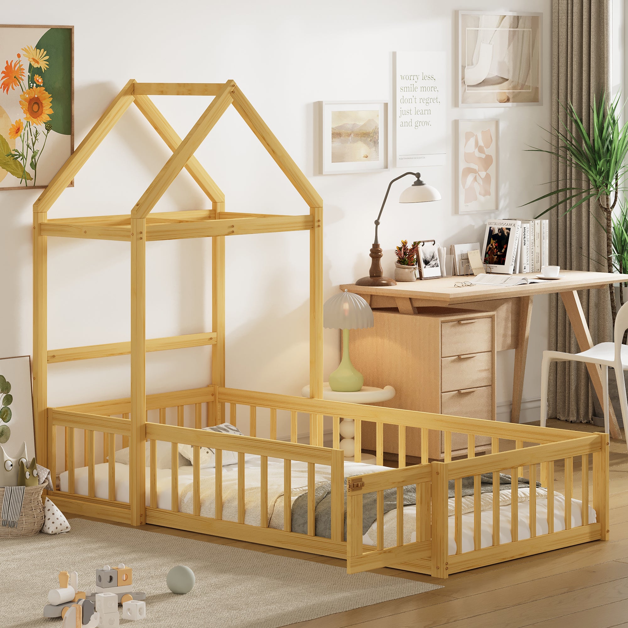 Wooden Floor Bed with Fence Railings and Detachable House Shape Headboard, Twin Size Bed with Kids Dress Up Rack, Kids Montessori Style Playhouse Frame for Girls Boys, Natural