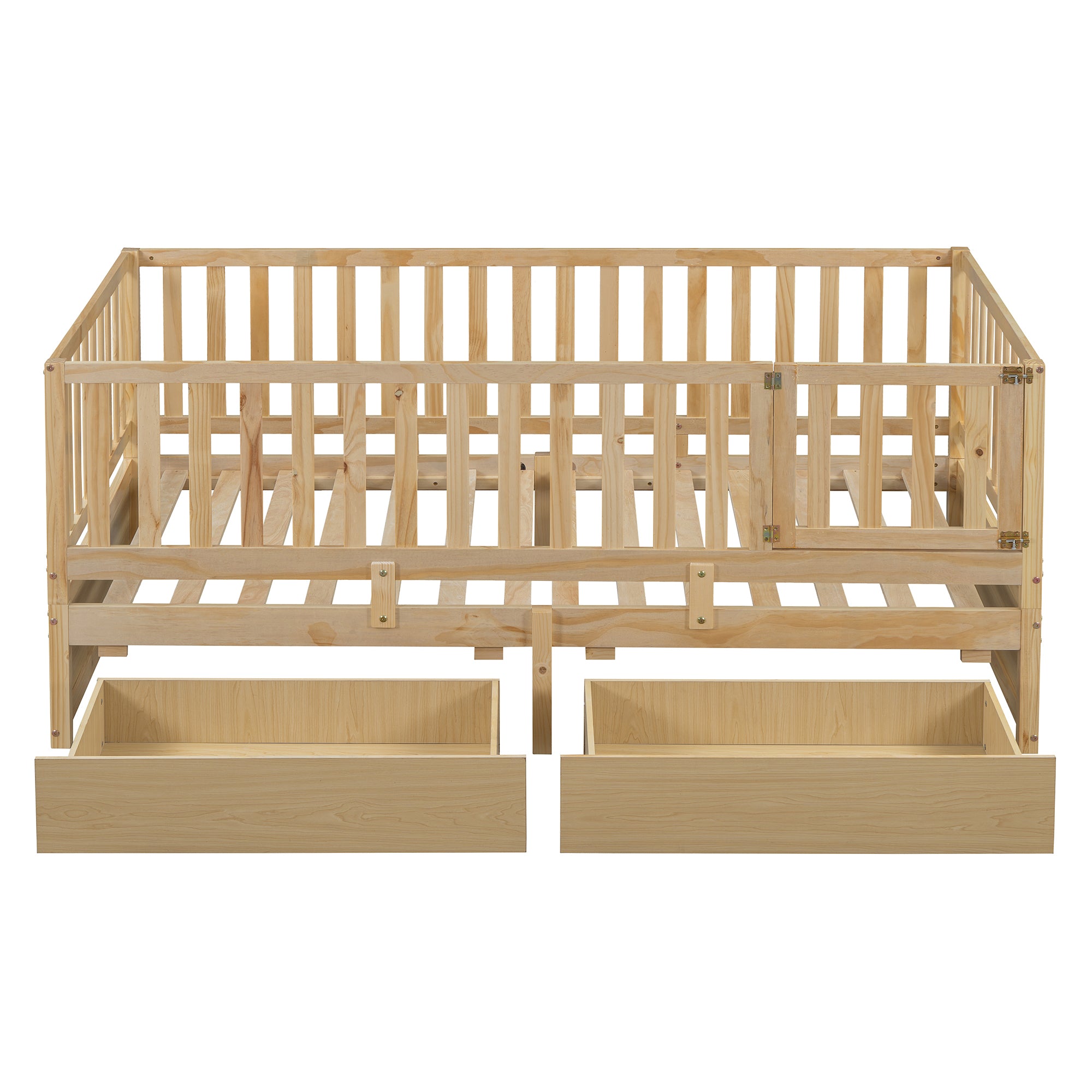 Twin Size Wood Daybed with Fence Guardrails and 2 Drawers, Split into Independent Floor Bed & Daybed, Natural(OLD SKU :LP000881AAN)