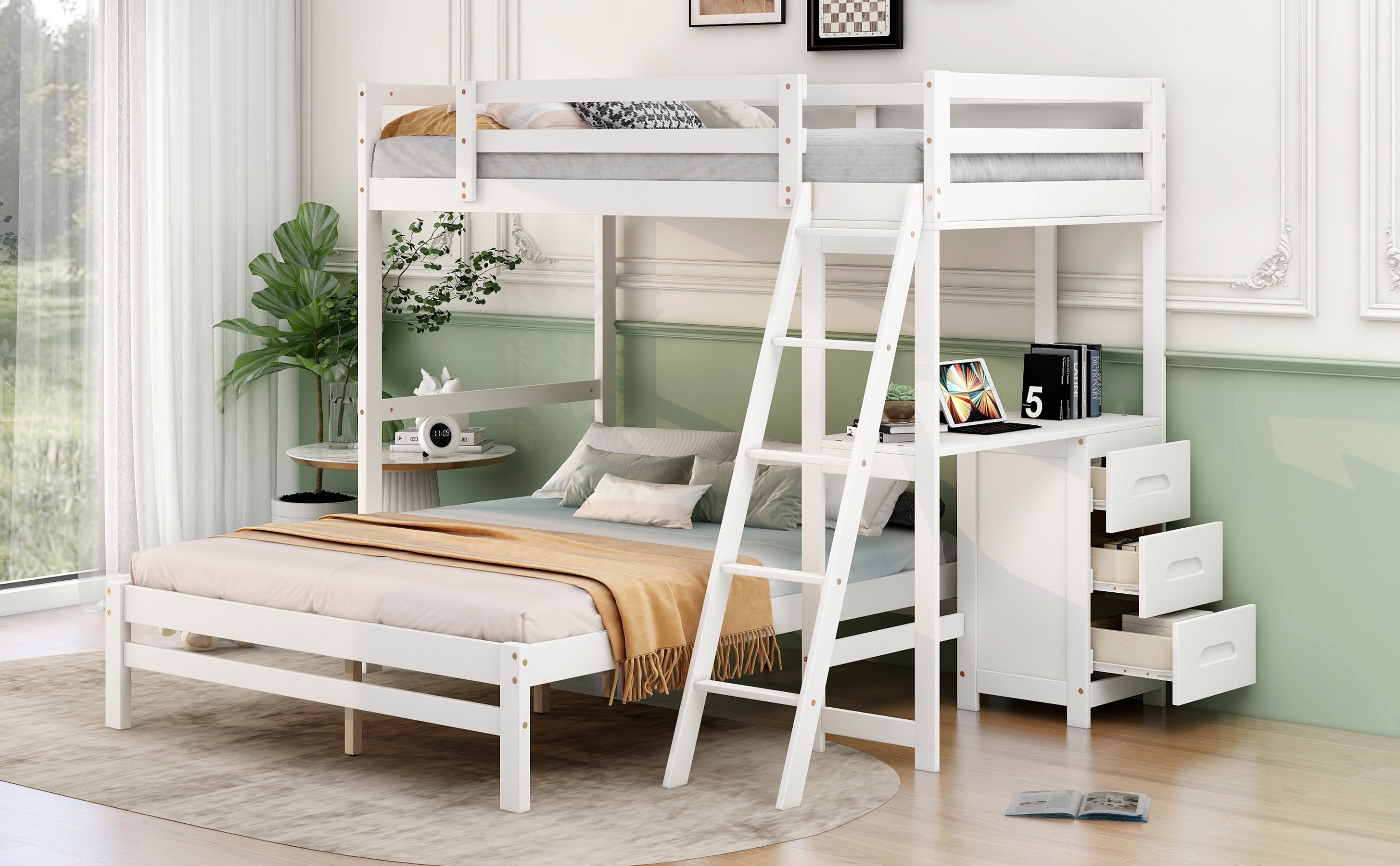 Twin over Full Bunk Bed with Built-in Desk and Three Drawers,White