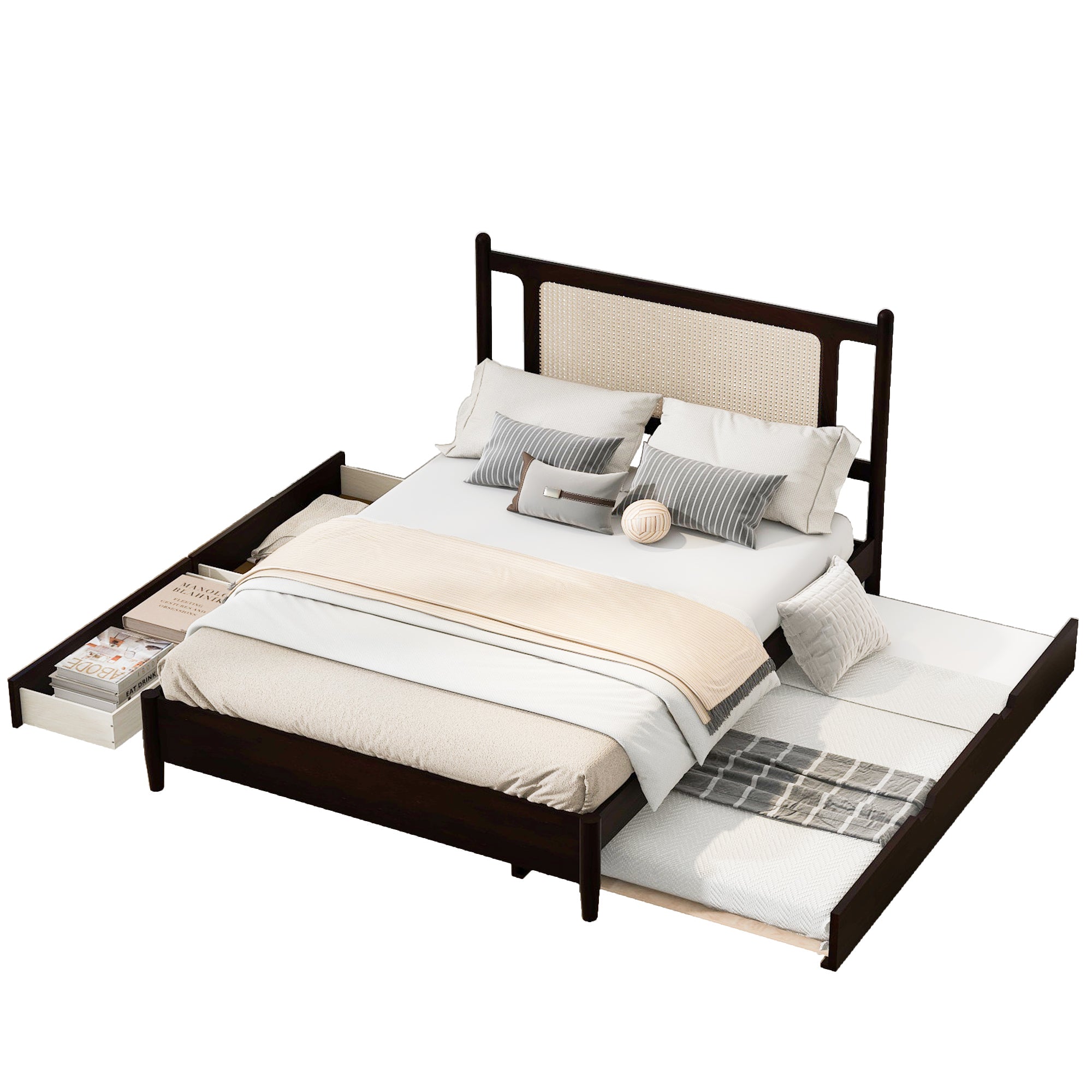 Queen Size Wooden Rattan Platform Bed, with 2 Big Drawers, T Size Trundle, Espresso