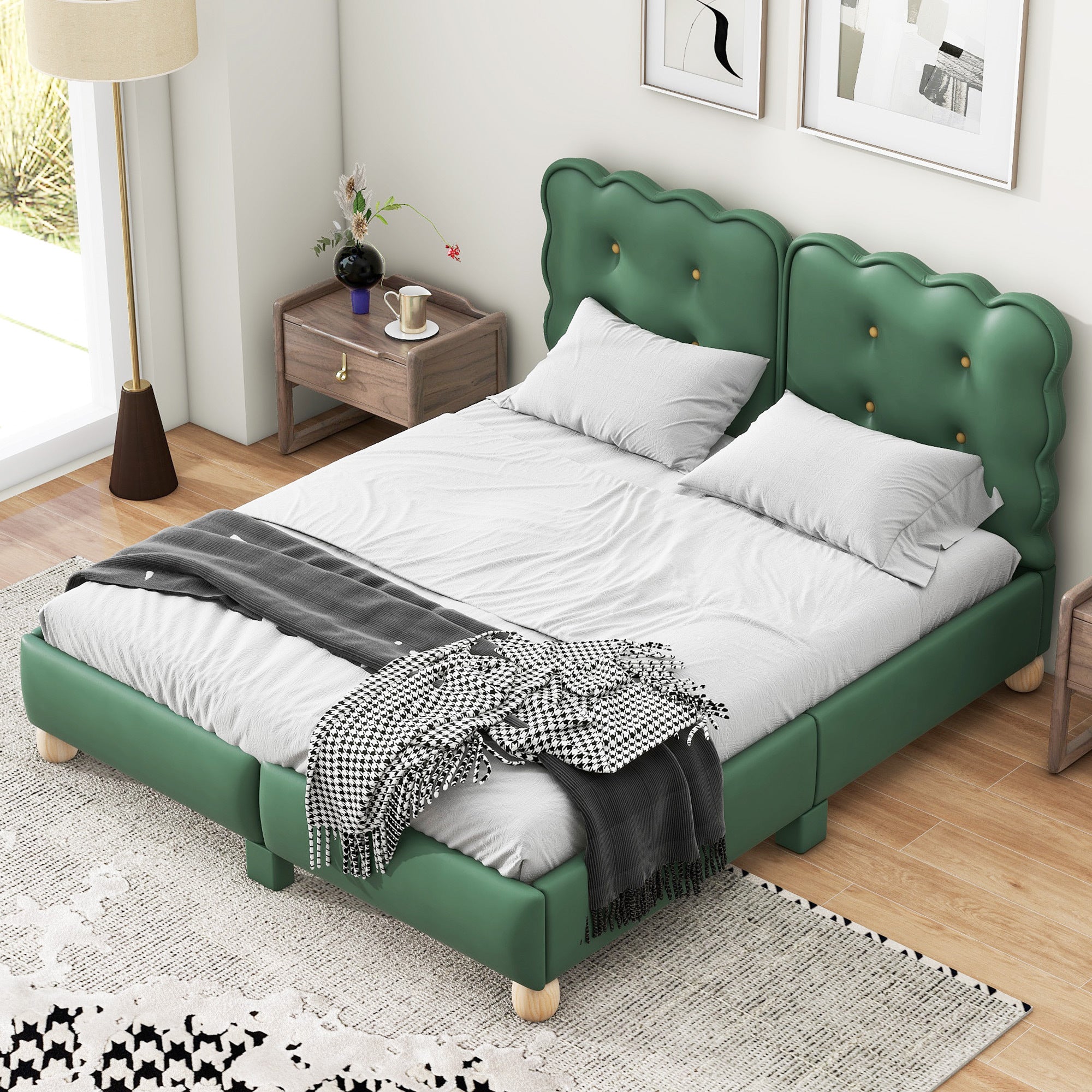 Queen Size Upholstered Platform Bed with Support Legs,Green