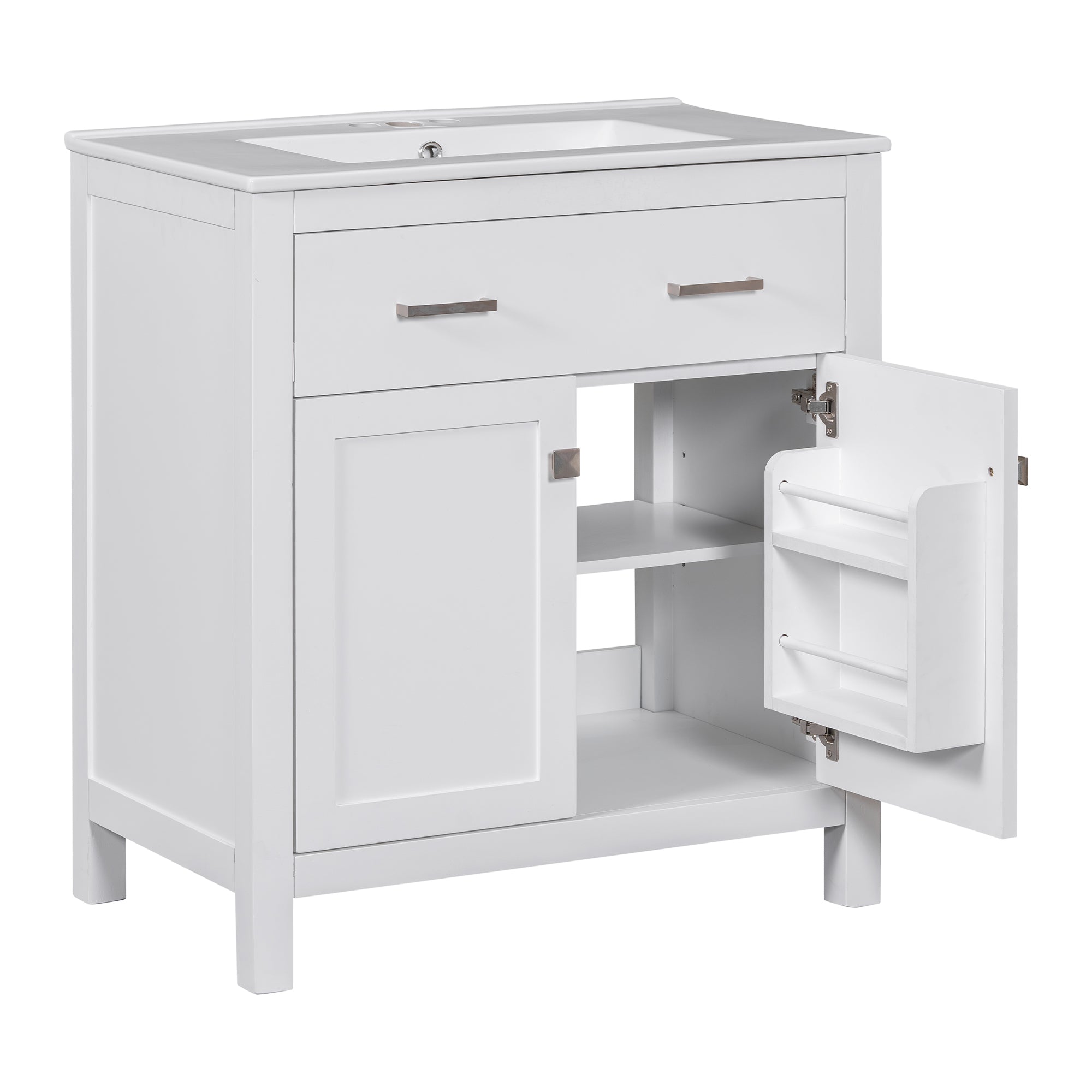 30-inch Bathroom Vanity with Ceramic Sink, Modern White Single Bathroom Cabinet with 2 Doors and a Shelf, Soft Close Doors