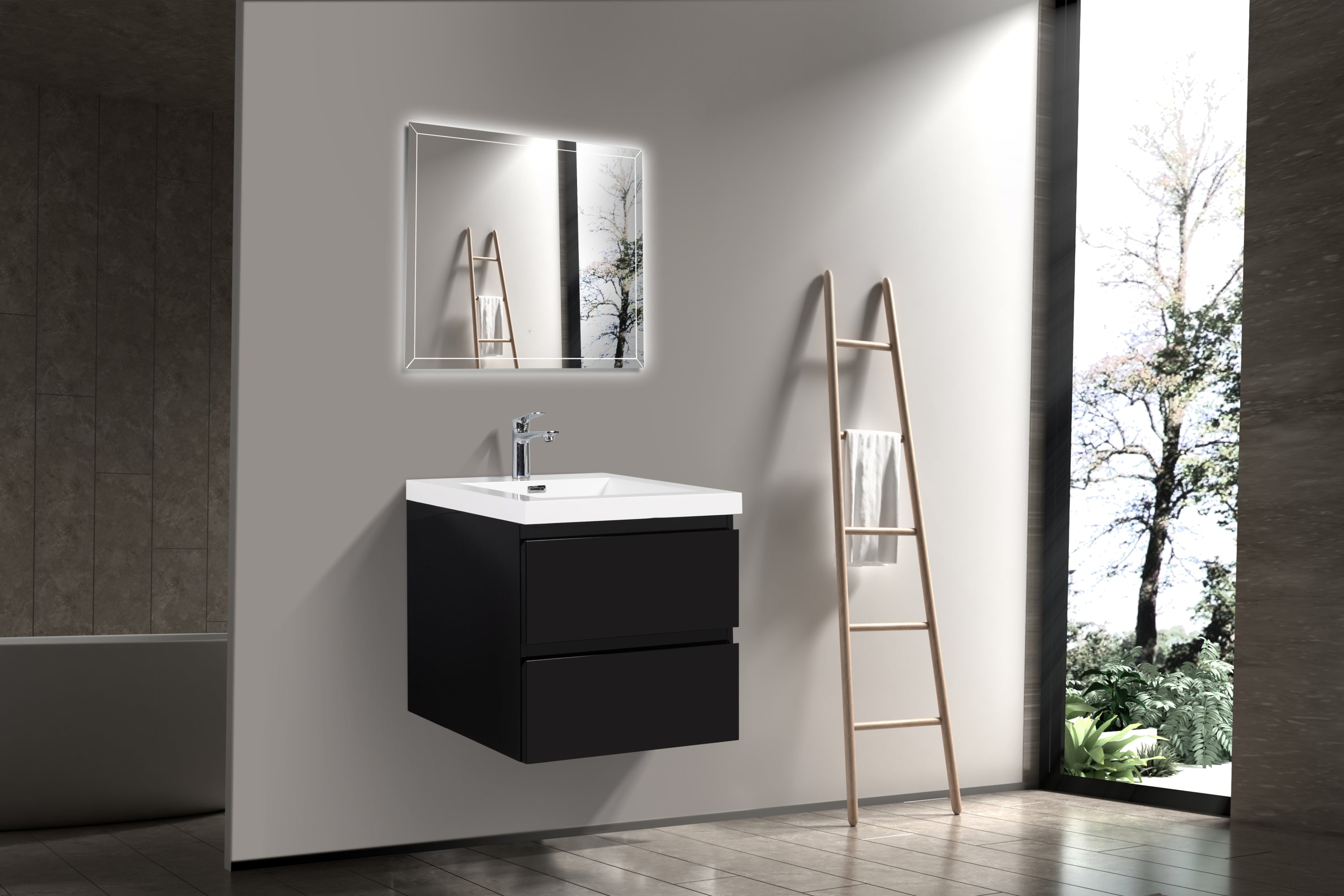 24" Floating Bathroom Vanity with Sink, Modern Wall-Mounted Bathroom Storage Vanity Cabinet with Resin Top Basin and Soft Close Drawers, Glossy Black 24V11-24GB