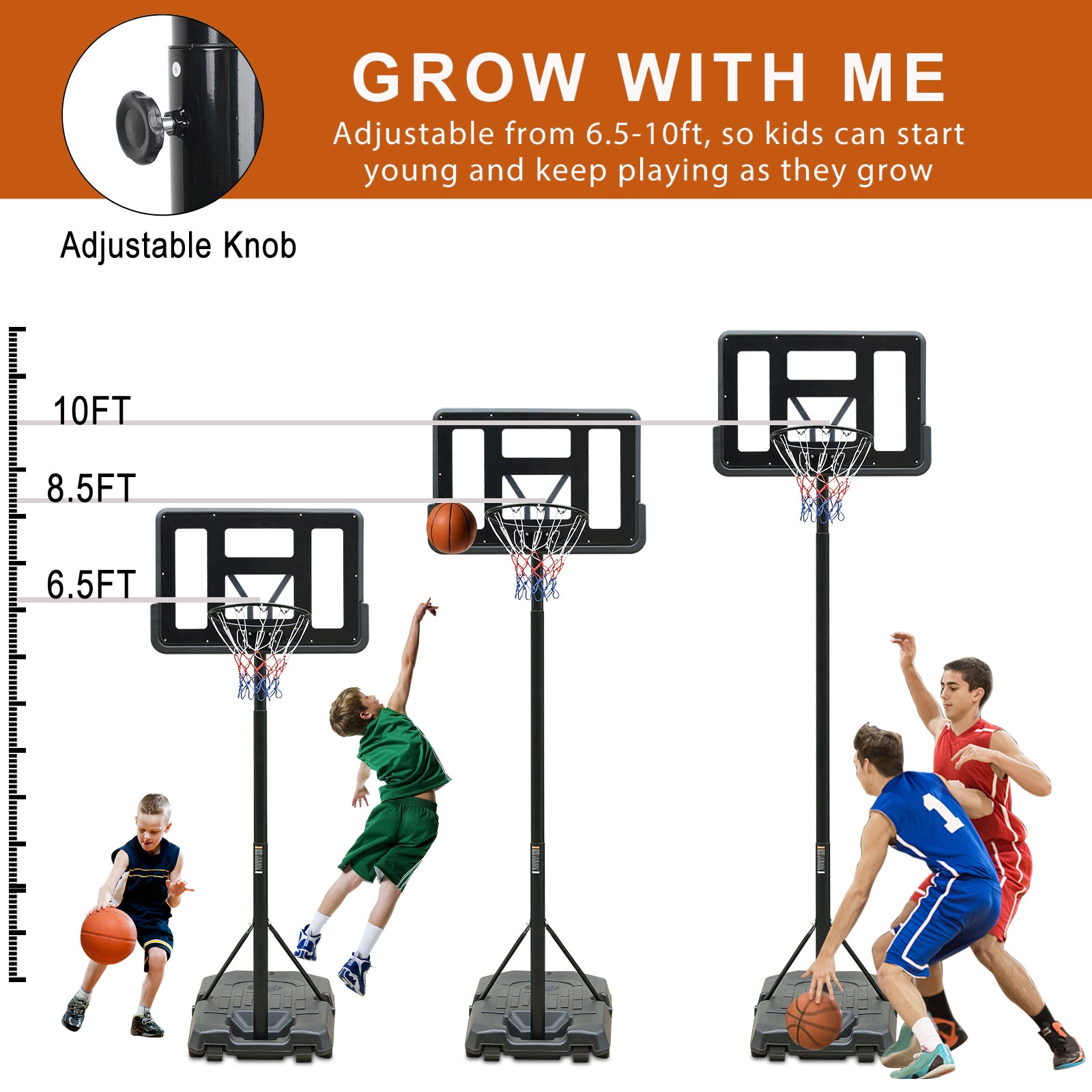 Portable Basketball Hoop Height Adjustable basketball hoop stand 6.5ft - 10ft with 44 Inch Backboard and Wheels for Adults Teens Outdoor Indoor