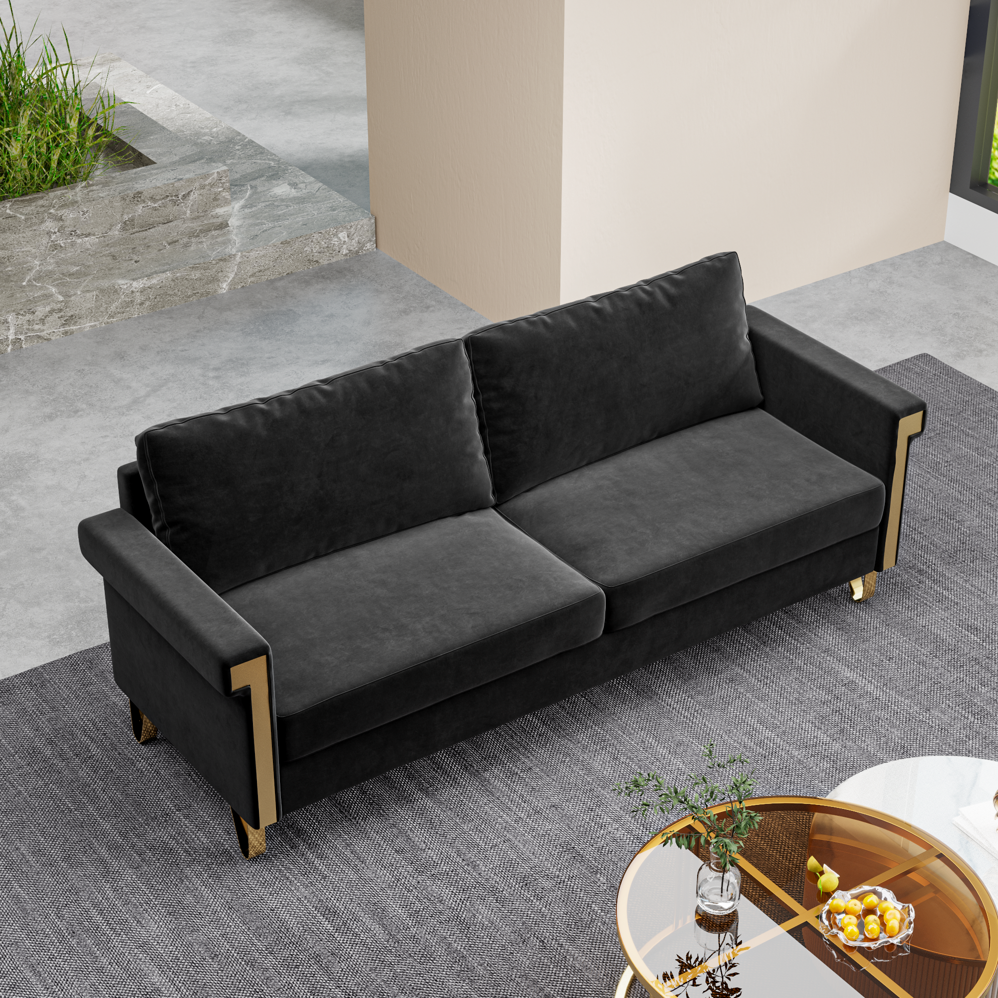 76.34inch Mid-Century Modern Velvet Sofa Black Couch with Gold Metal Accents for Living Room or Lounge