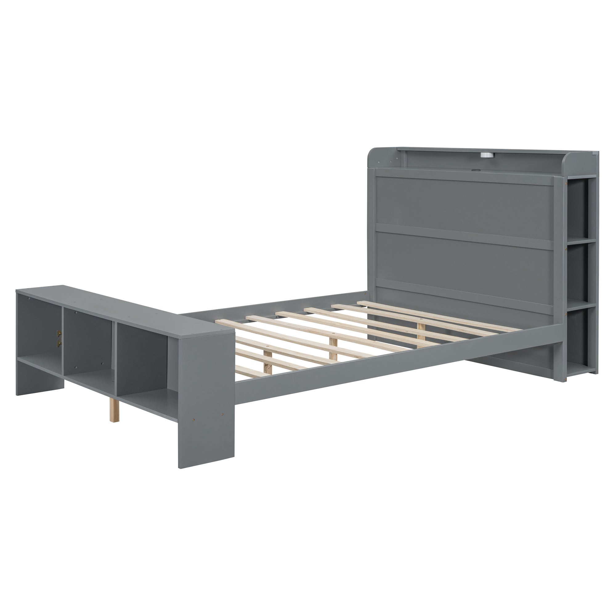 Full Size Platform Bed with built-in shelves, LED Light and USB ports, Gray