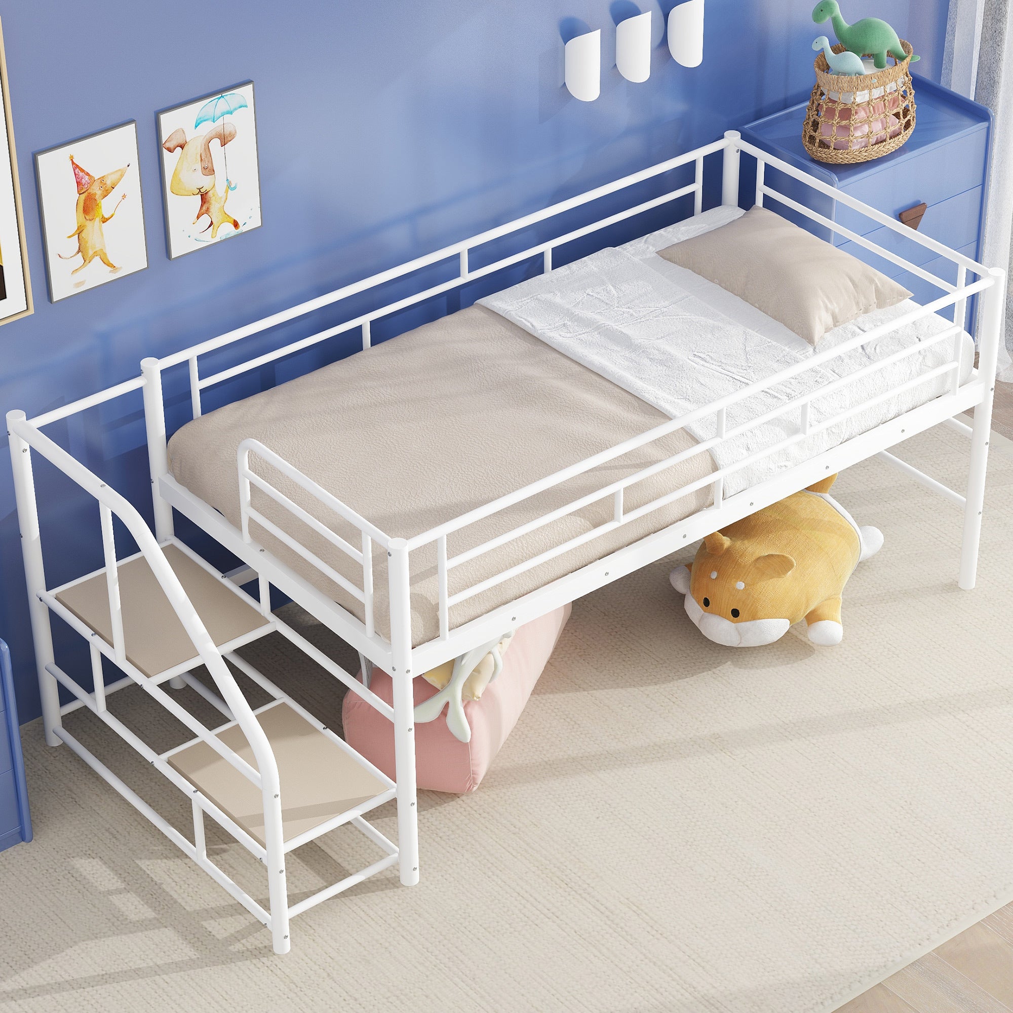 Mid Loft Bed with Storage stairs, Twin, White