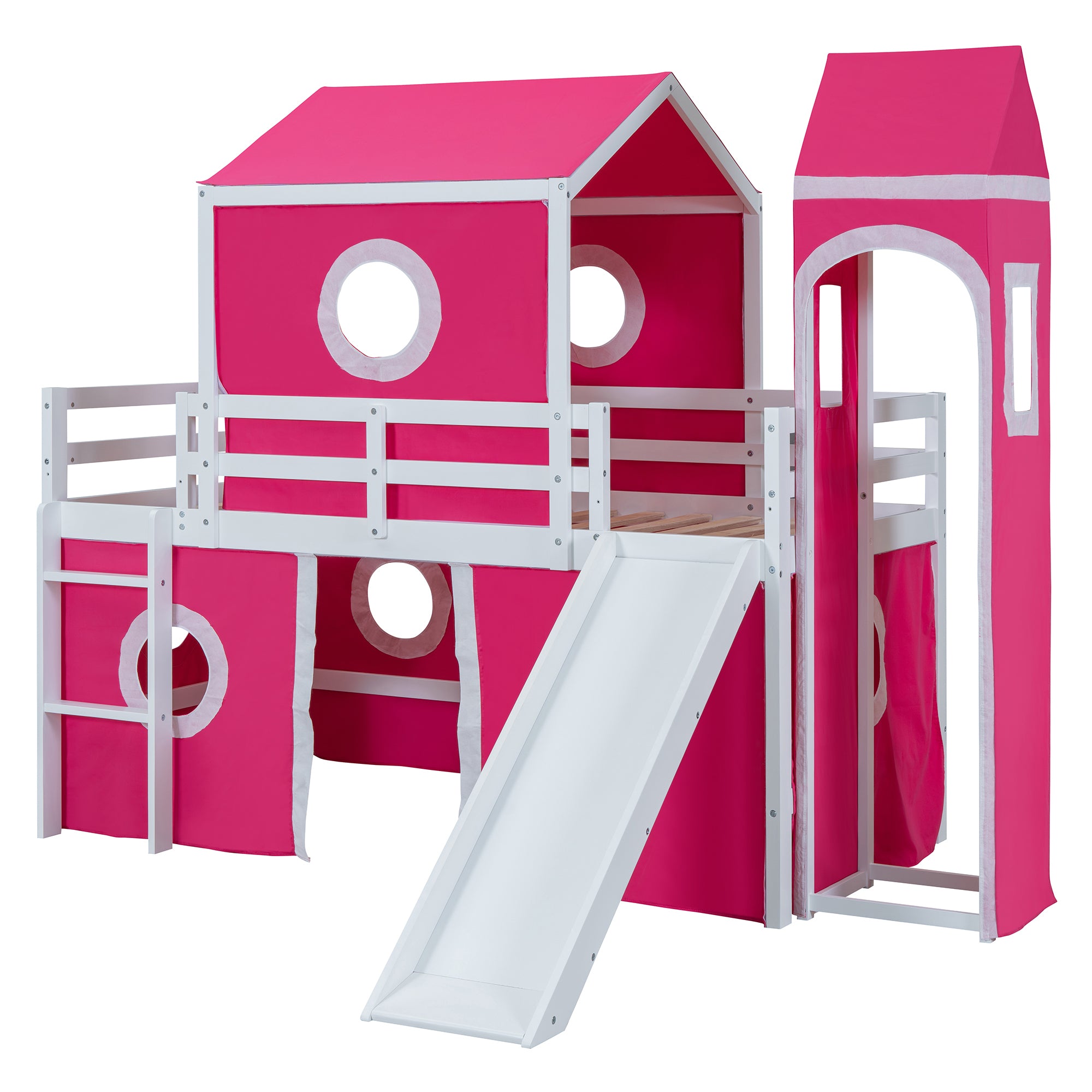 Twin Size Loft  Bed with Slide Pink Tent and Tower - Pink (OLD SKU:WF298769AAH)