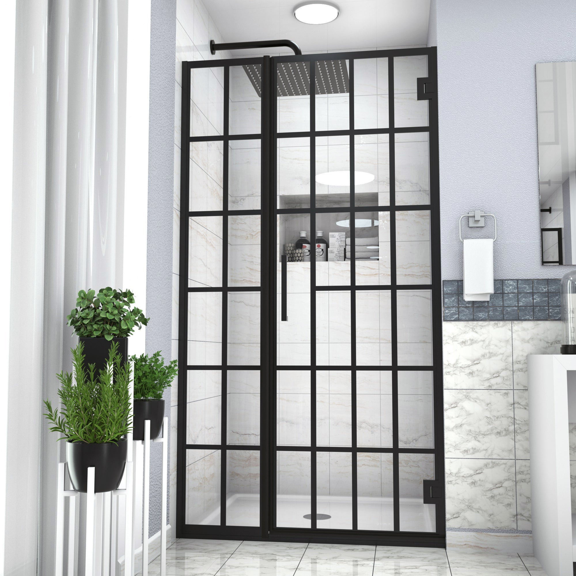 Shower Door 34" W x 72" H Pivot Frameless Shower Door with Pattern Glass, Open Entry Design in Matte Black