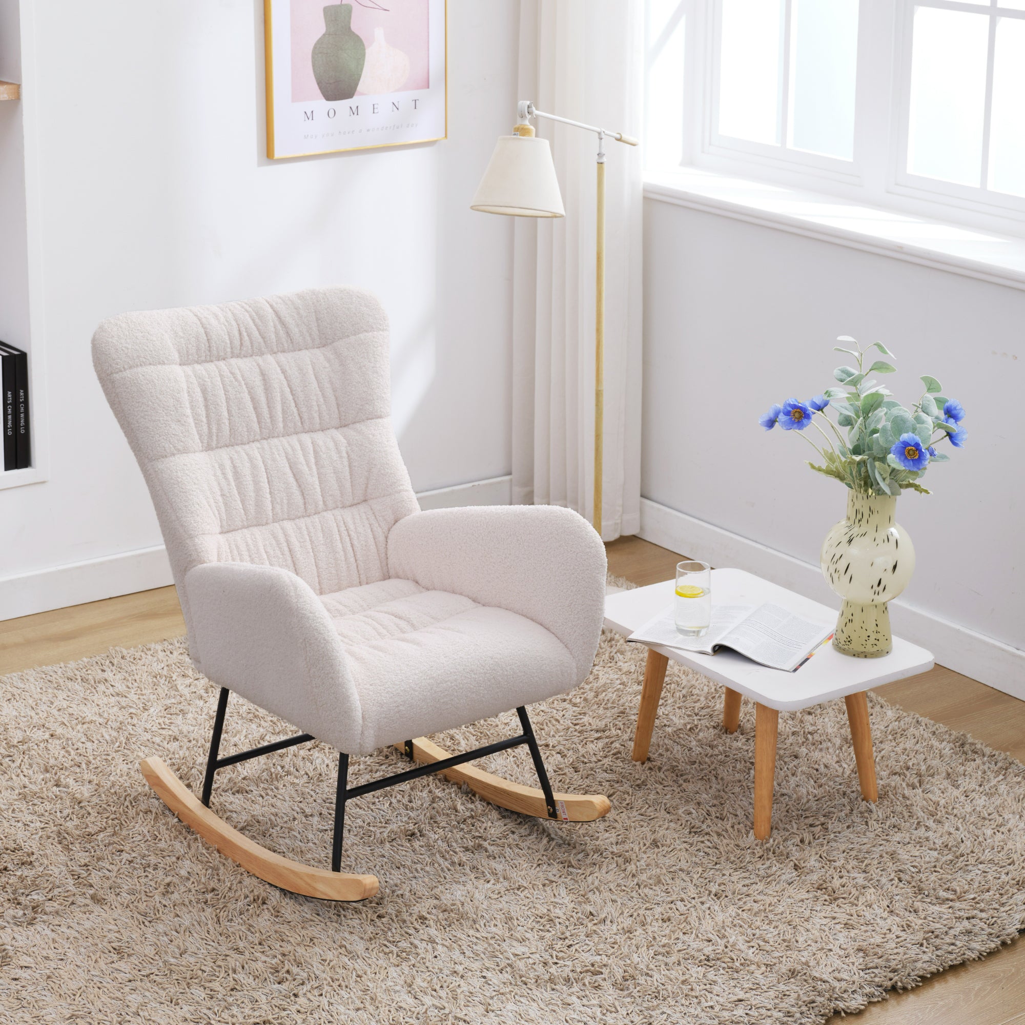 Nursery Rocking Chair, Teddy Upholstered Glider Rocker, Rocking Accent Chair with High Backrest, Comfy Rocking Accent Armchair for Living Room, Bedroom, Offices, WHITE