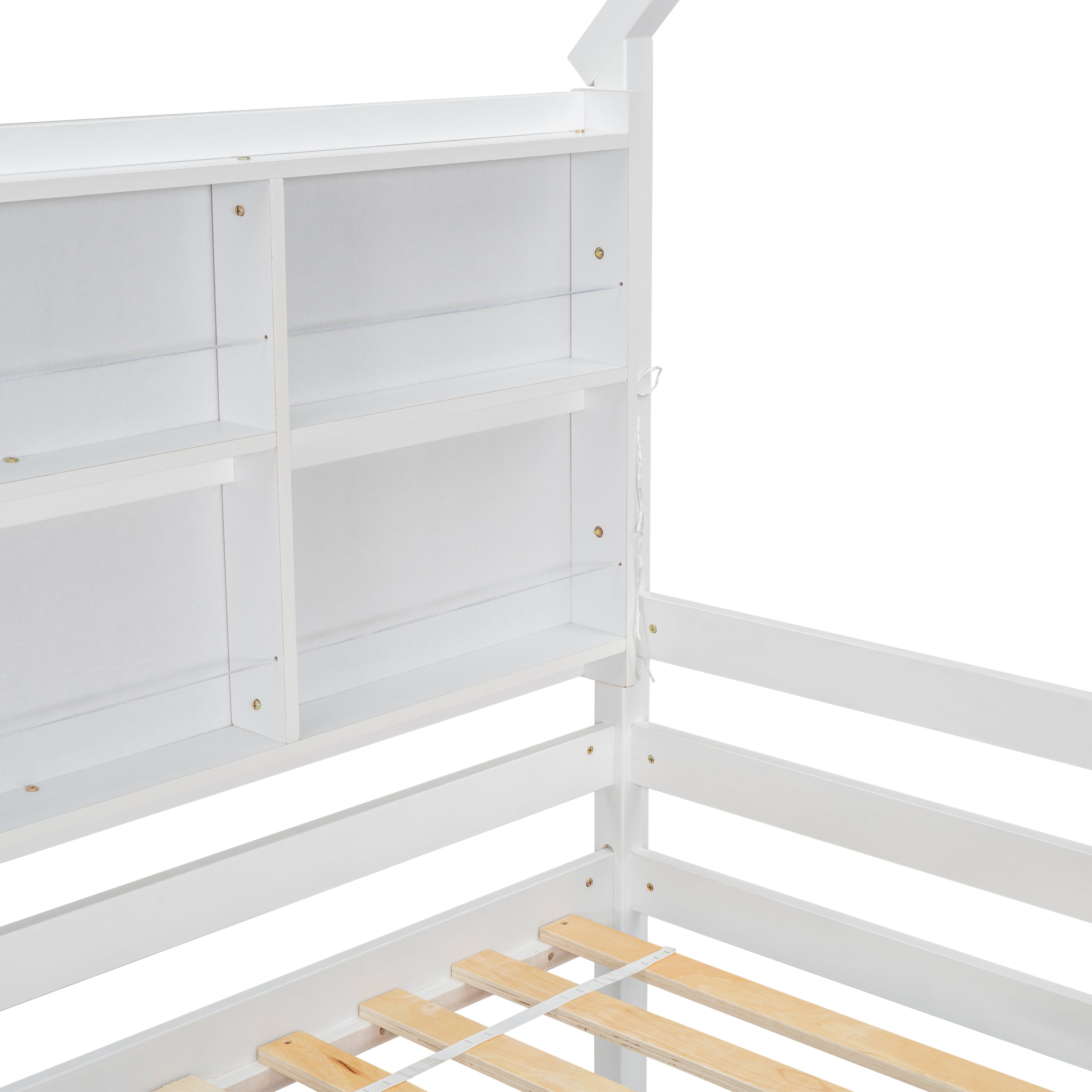 Twin Over Twin Low Bunk Bed with House Semi-enclosed Roof,Guardrails, Bedside Shelves and Ladder, White