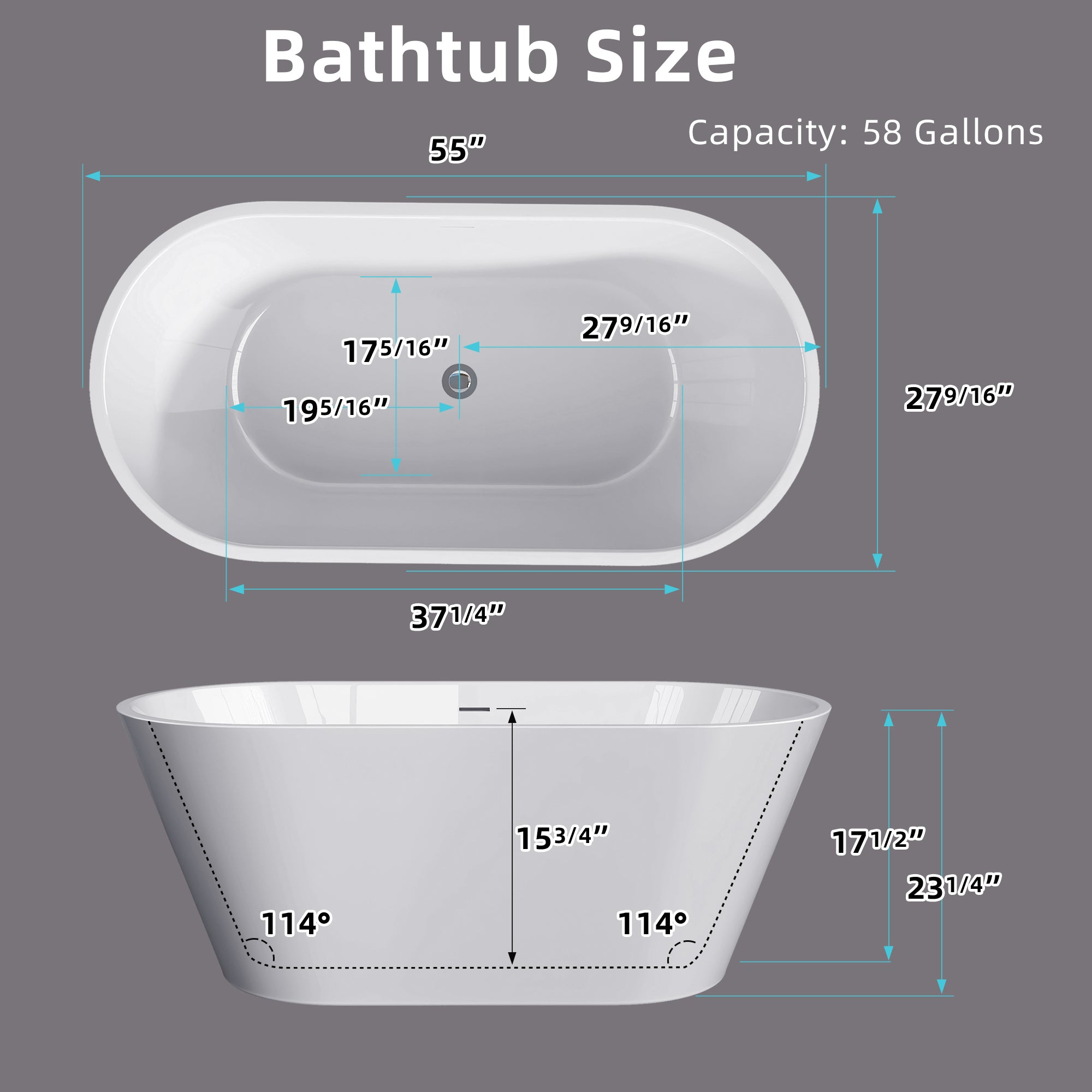 55" Acrylic Freestanding Bathtub Contemporary Soaking White Tub with Overflow and Pop-up Drain Gloss White