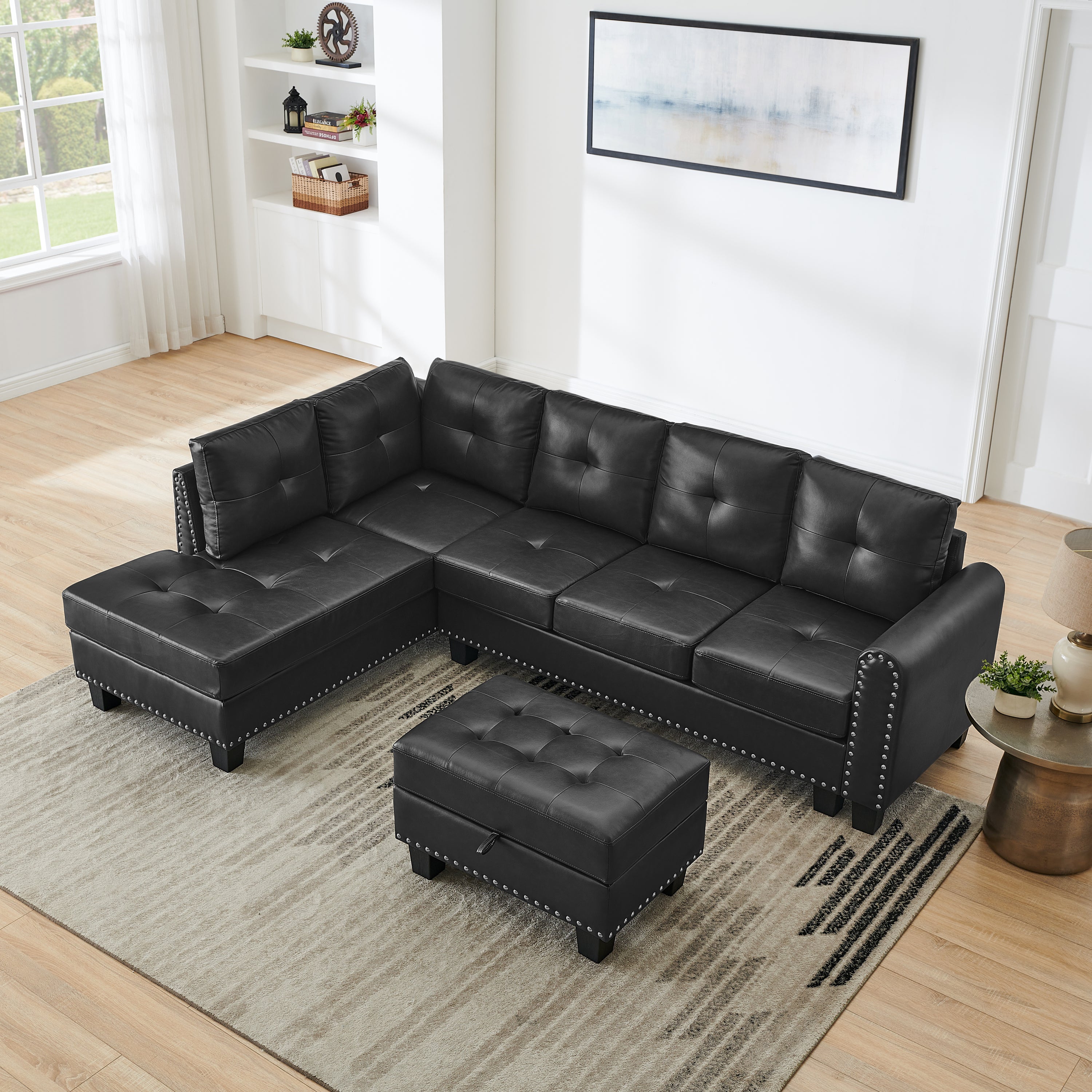 Sectional 3-Seaters Sofa , reversible recliner, Storage pad and wood grain cup holder, Non-slip leg, pu, black