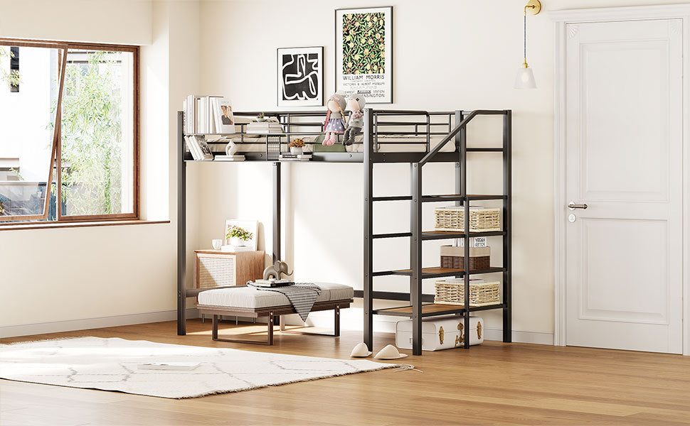 Twin Size Metal Loft Bed with Upper Grid Storage Shelf and Lateral Storage Ladder, Black