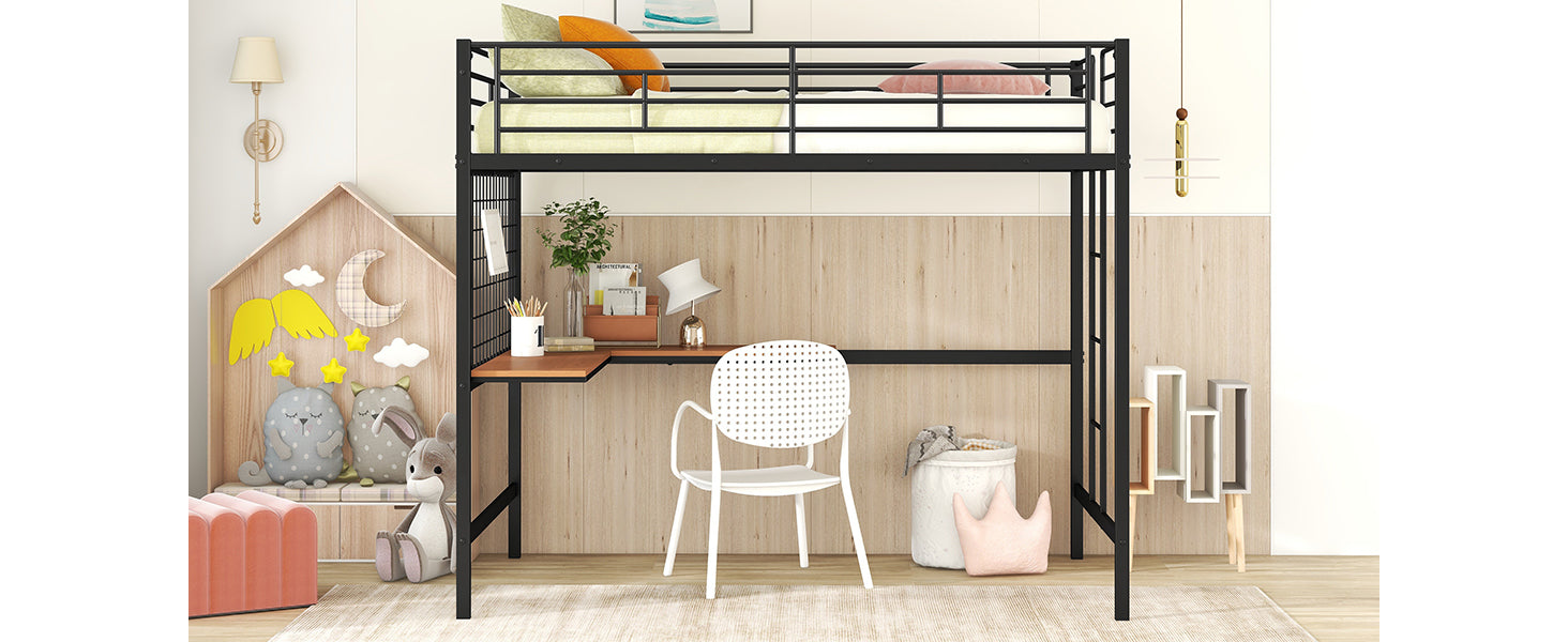 Full Metal Loft Bed with Desk and Metal Grid, Black