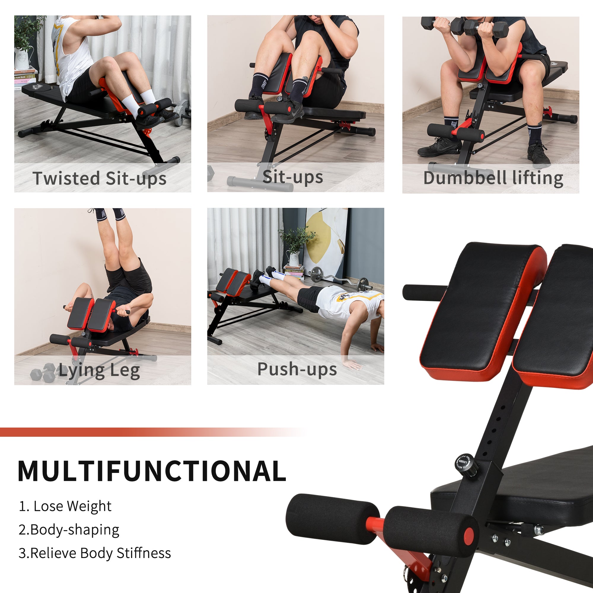 Soozier Adjustable Hyper Extension Dumbbell Weight Bench, Foam Leg Holders, Exercise Abs, Arms, Core, Strength Workout Station for Home Gym, Red