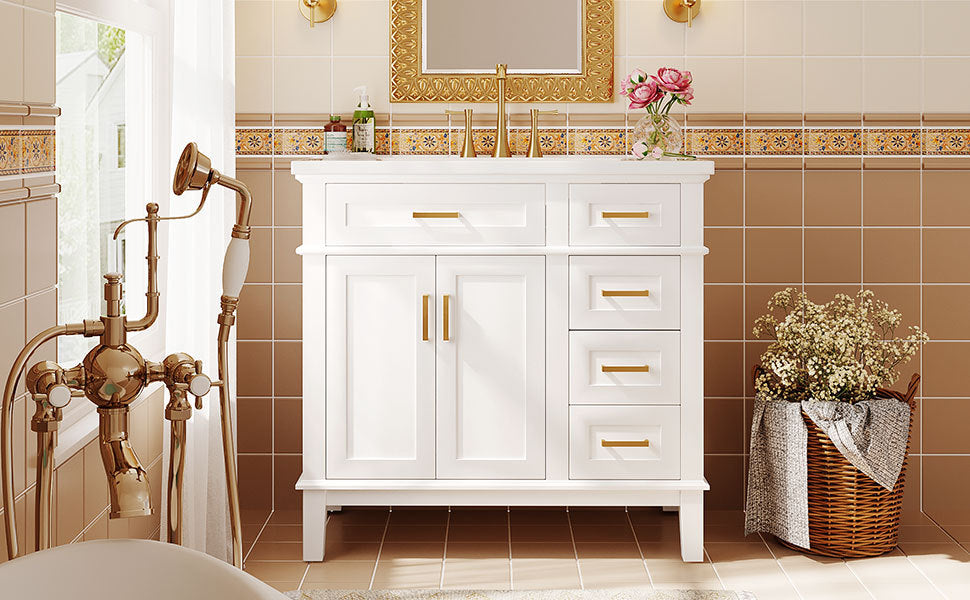 36-inch Bathroom Vanity with Resin Sink, Modern Bathroom Cabinet in White,Featuring Two Soft Close Doors and Four Drawers