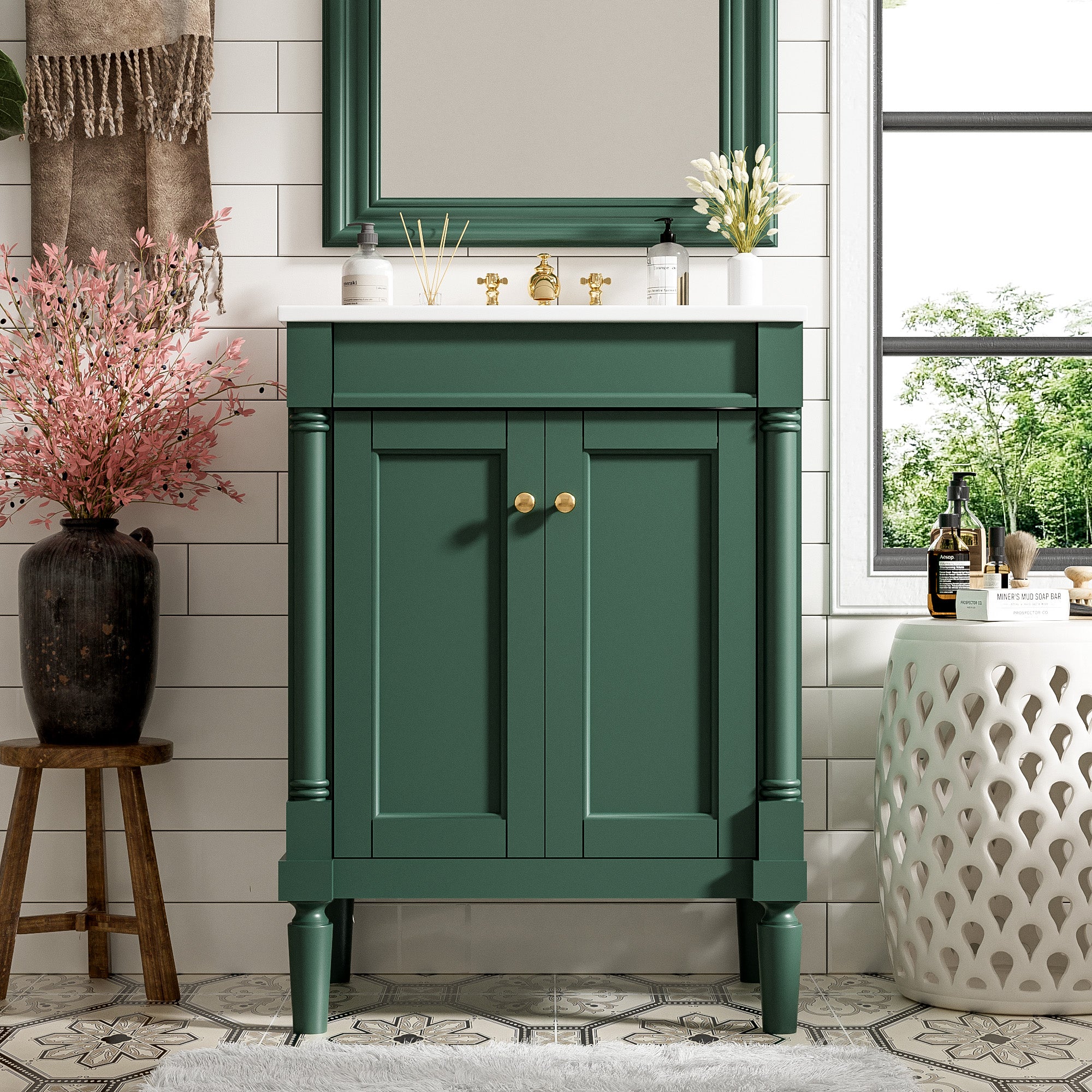 Modern single sink vanity showing large storage shelves, detail view