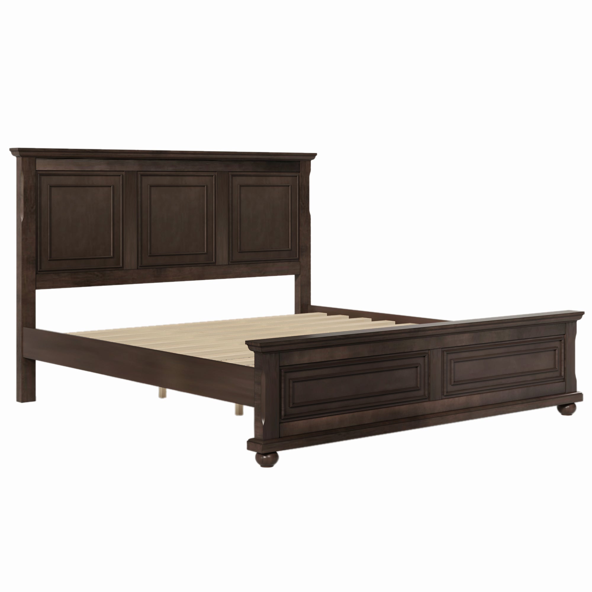 Traditional Town and Country Style Pinewood Vintage King Bed, Rich Brown