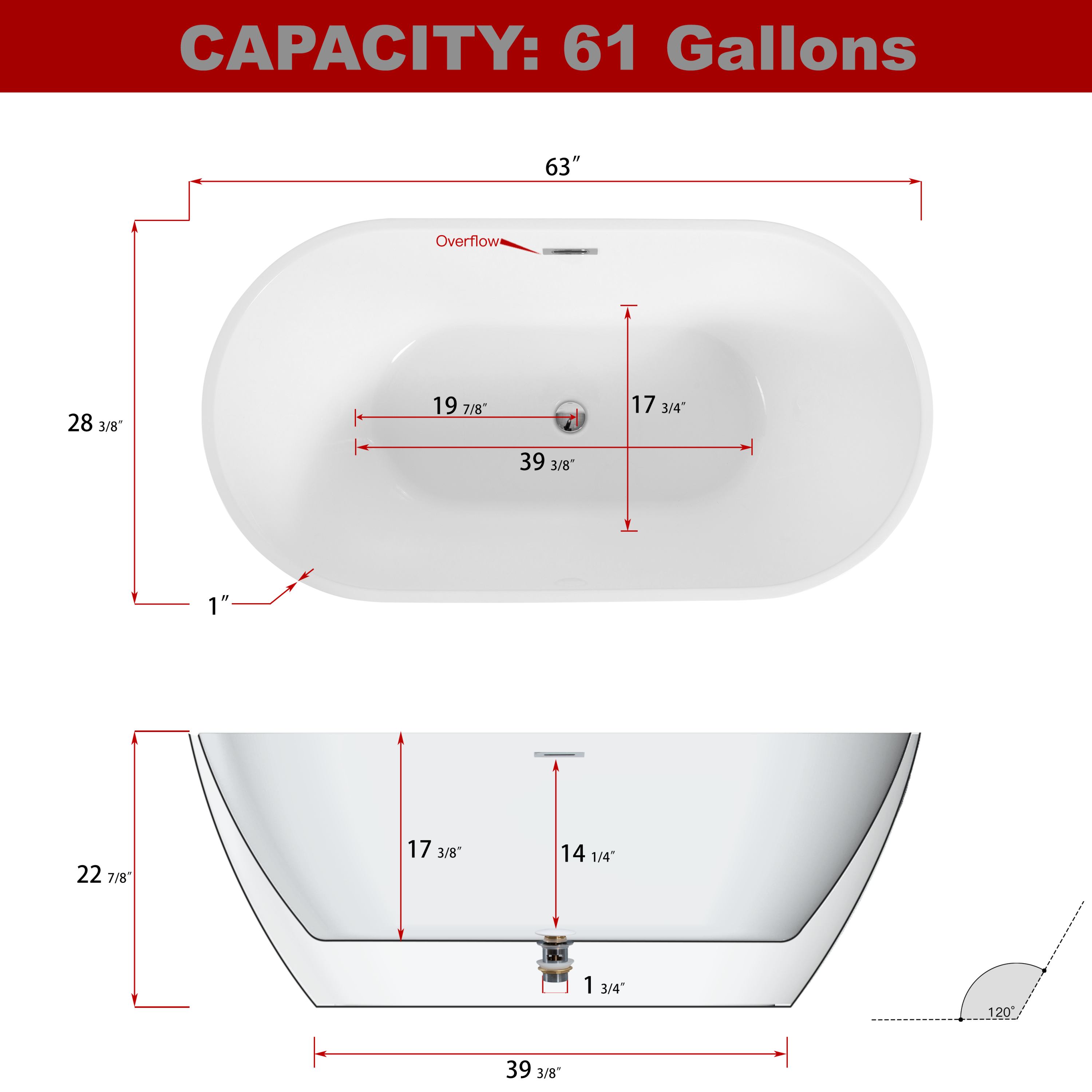 63" Shiny White Acrylic Freestanding Soaking Bathtub with Chrome Overflow and Drain, cUPC Certified - 63*28.8 22A09-63