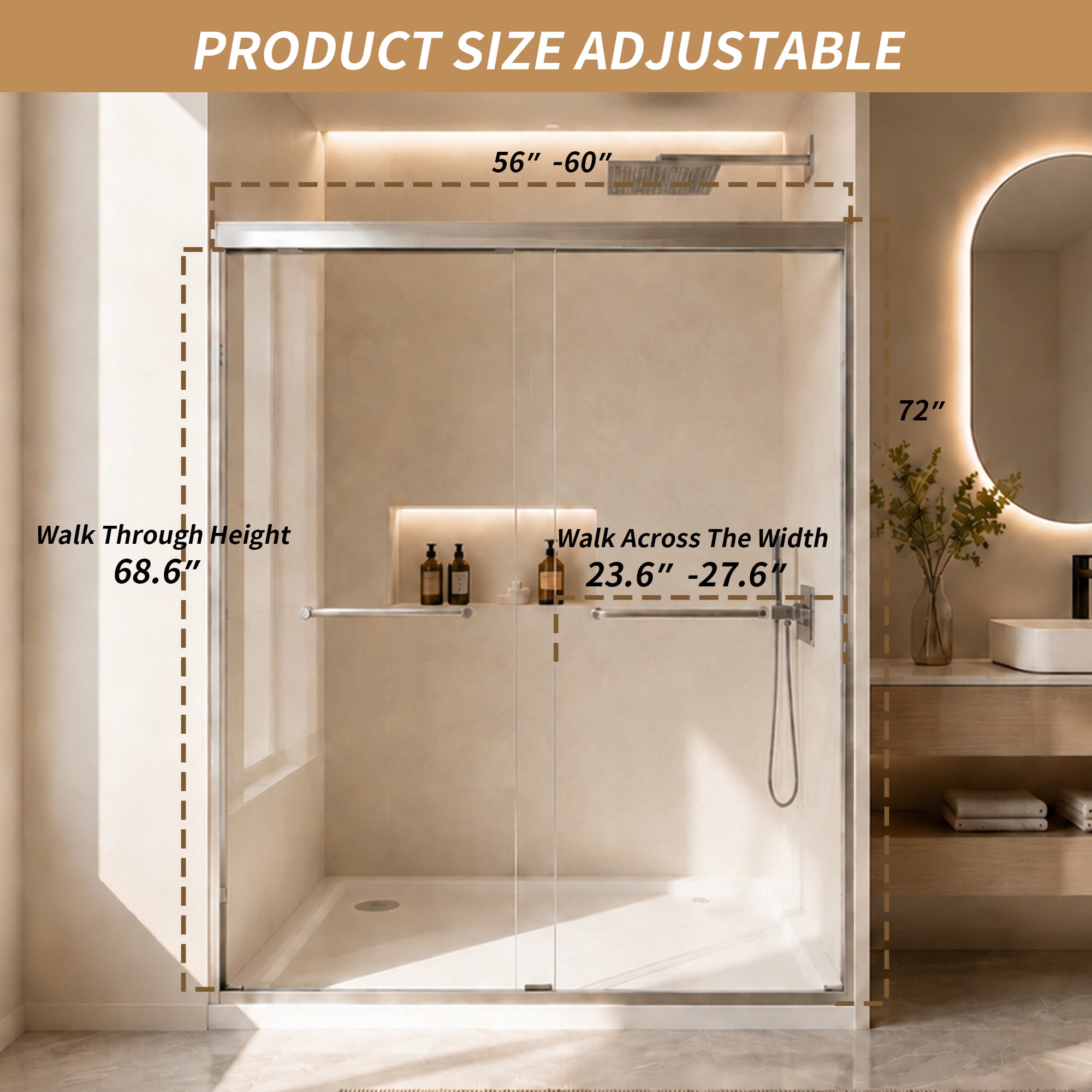 Sliding shower door 56-60 in brushed nickel track detail