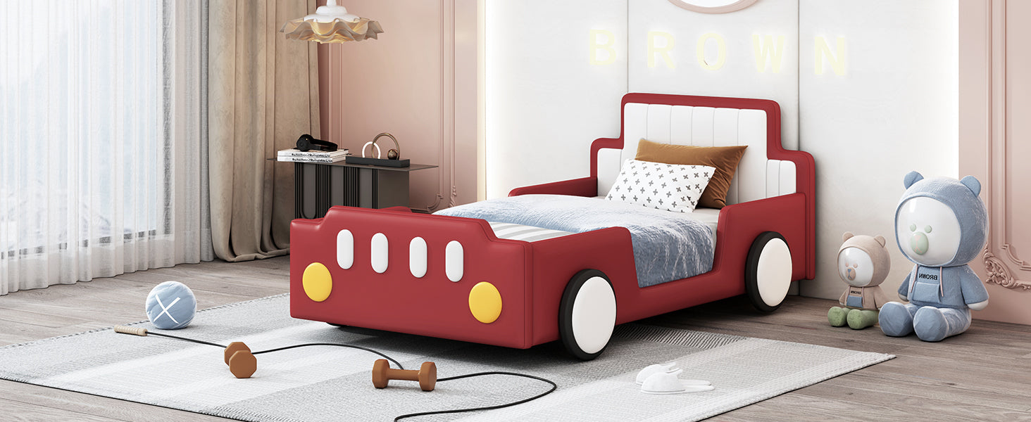 Twin Size Race Car-Shaped Platform Bed with Wheels,Red