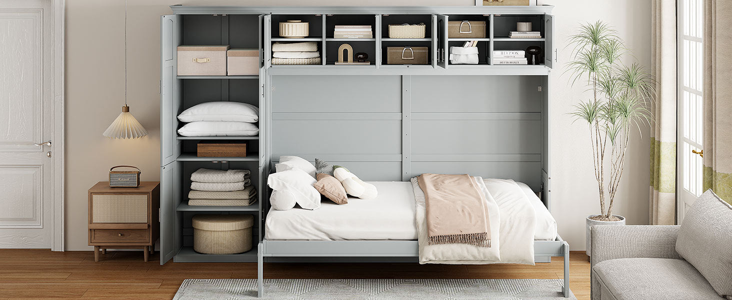 Queen Size Murphy Bed Wall Bed with Cabinets,Gray