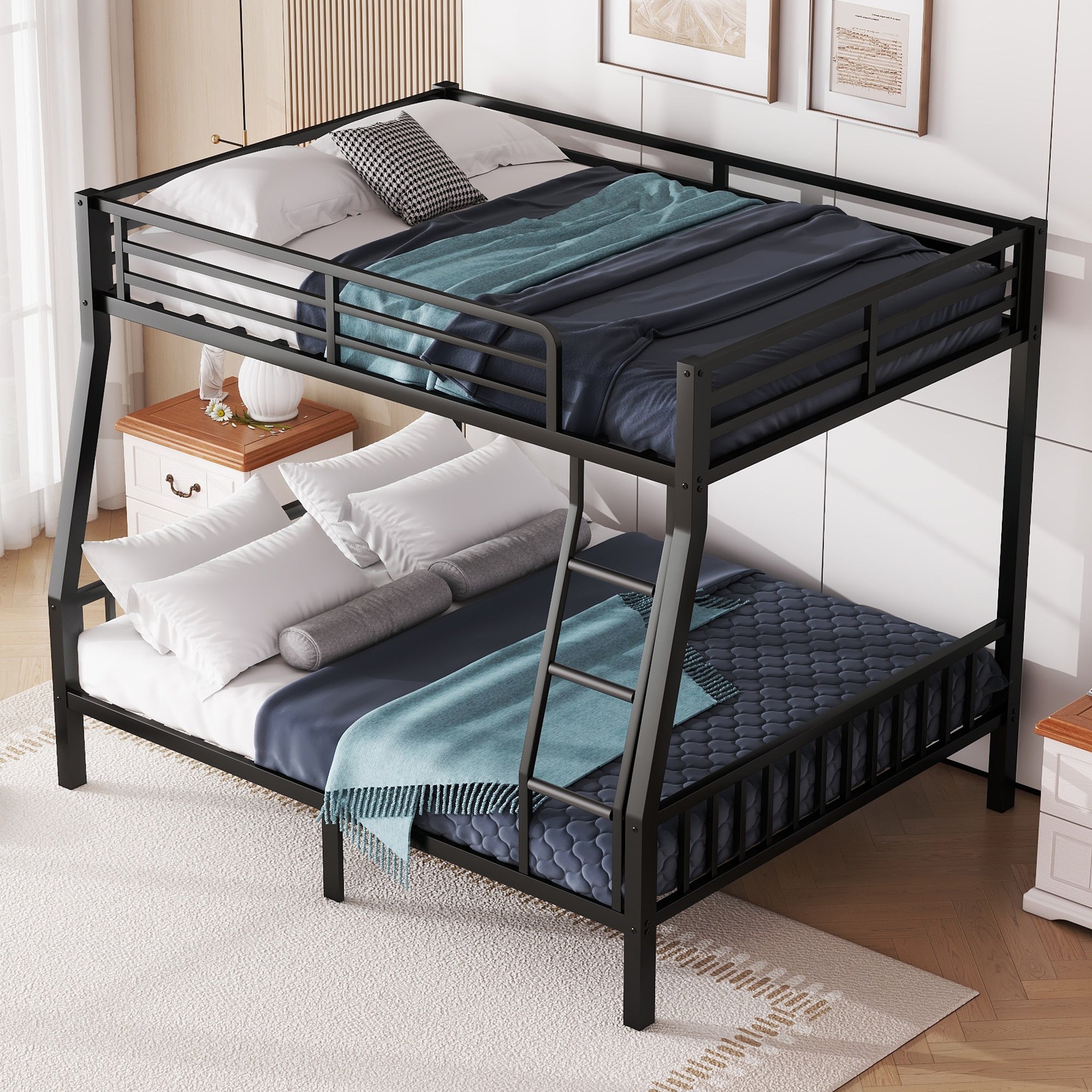 Full XL Over Queen Metal Bunk Bed with Ladder and Slats Support for Adults Teens, Black