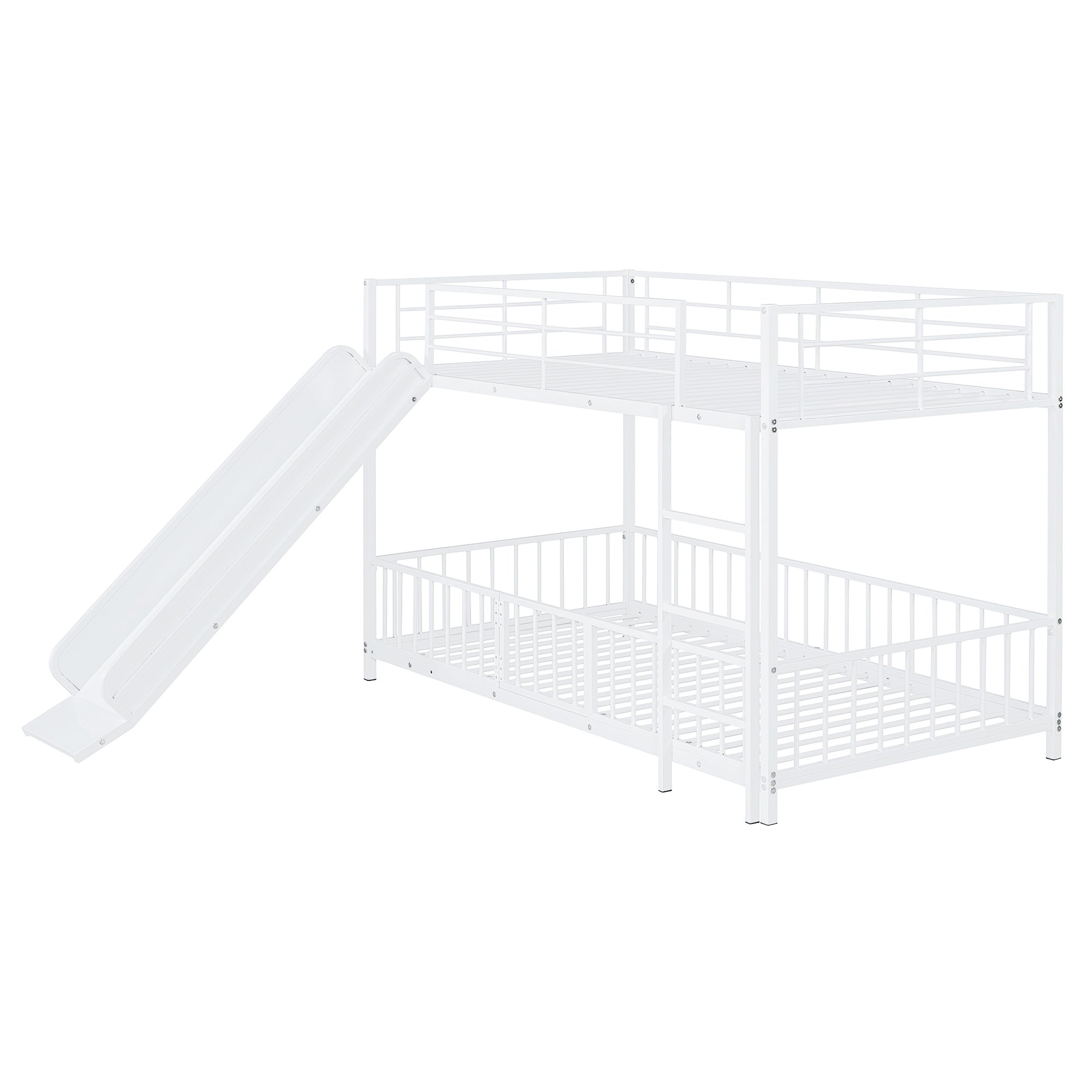 Twin over Twin Size Metal Bunk Bed with Slide and Guardrails, White