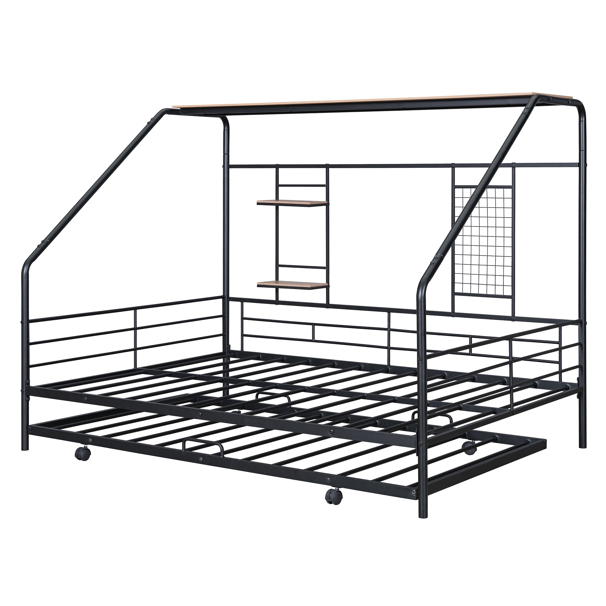 Full Size Metal House Bed with Trundle, Black