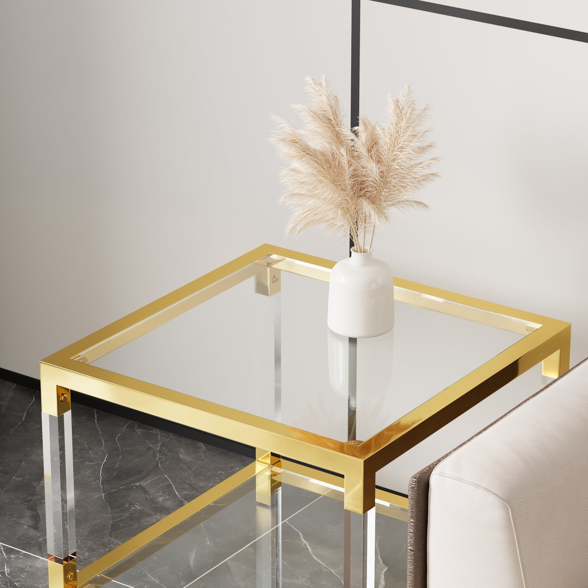 Modern minimalist living room furniture set, stylish transparent acrylic leg coffee table, square edge table, tempered glass face tea table combination gold end table