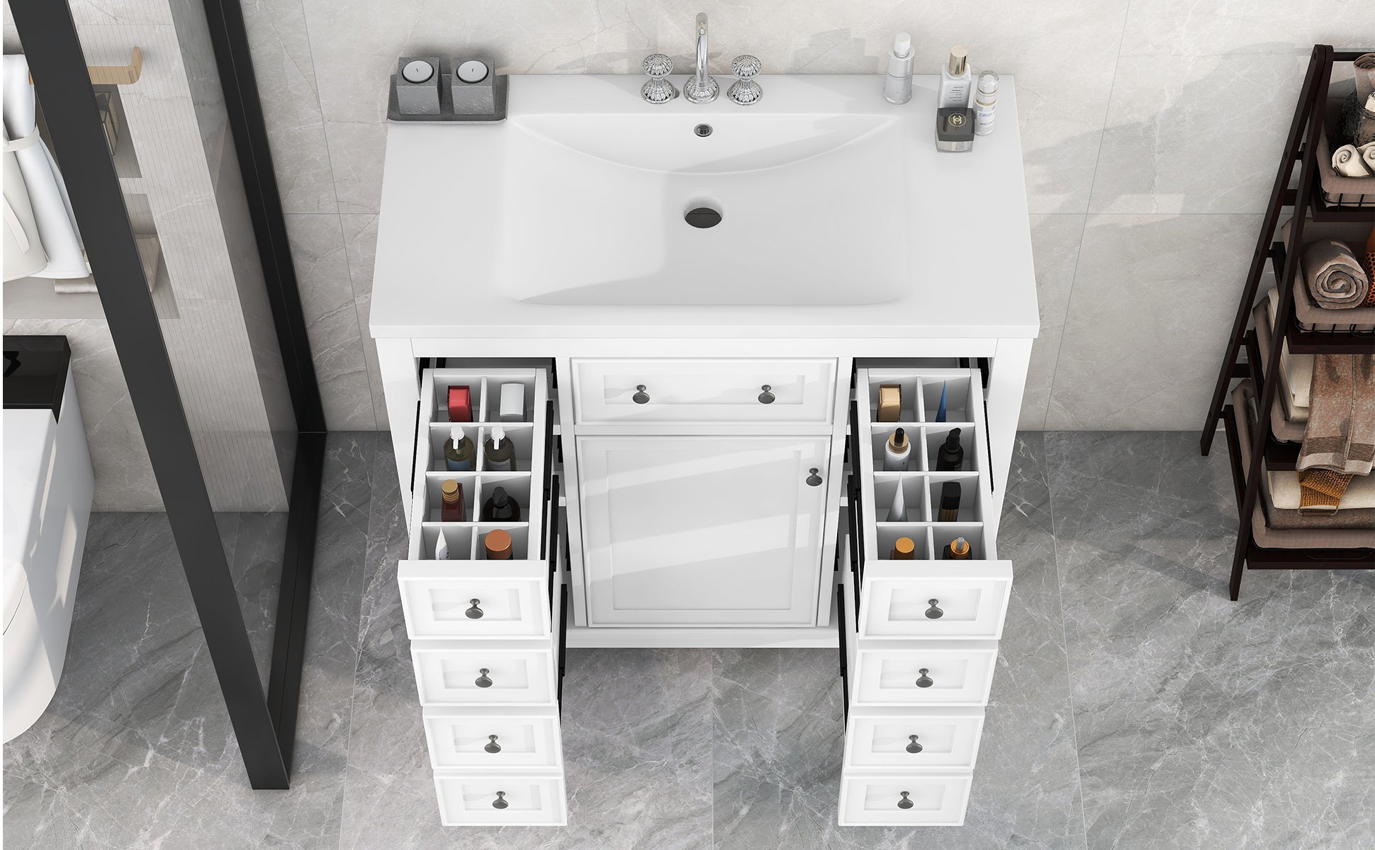 36" Bathroom Vanity with Sink Combo, One Cabinet and Six Drawers, Solid Wood and MDF Board, White