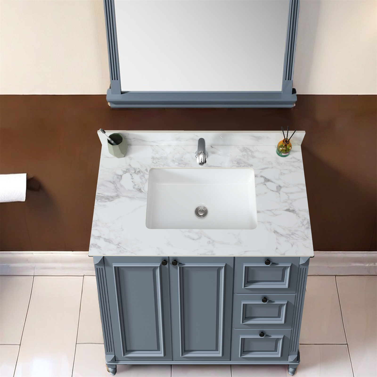 37"x22"Bathroom Vanity Top,sintered stone carra white   Barthroom Vanity Sink Tops with Rectangular Undermount Ceramic Sink with Vanity Backsplash, Single Faucet Hole Bathroom Vanity Countertop