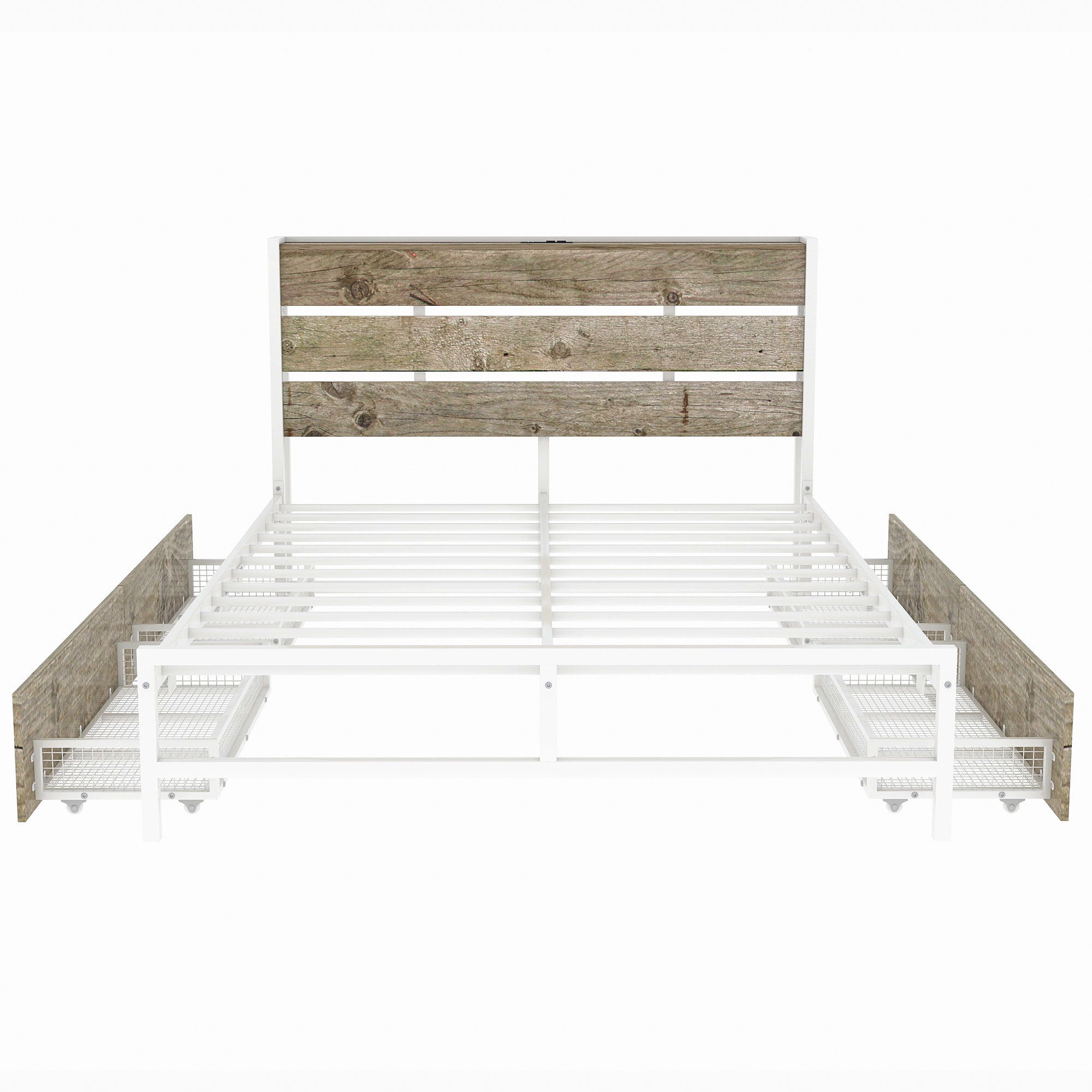 Metal Platform Bed With Four drawers, Sockets and USB Ports, Full, White