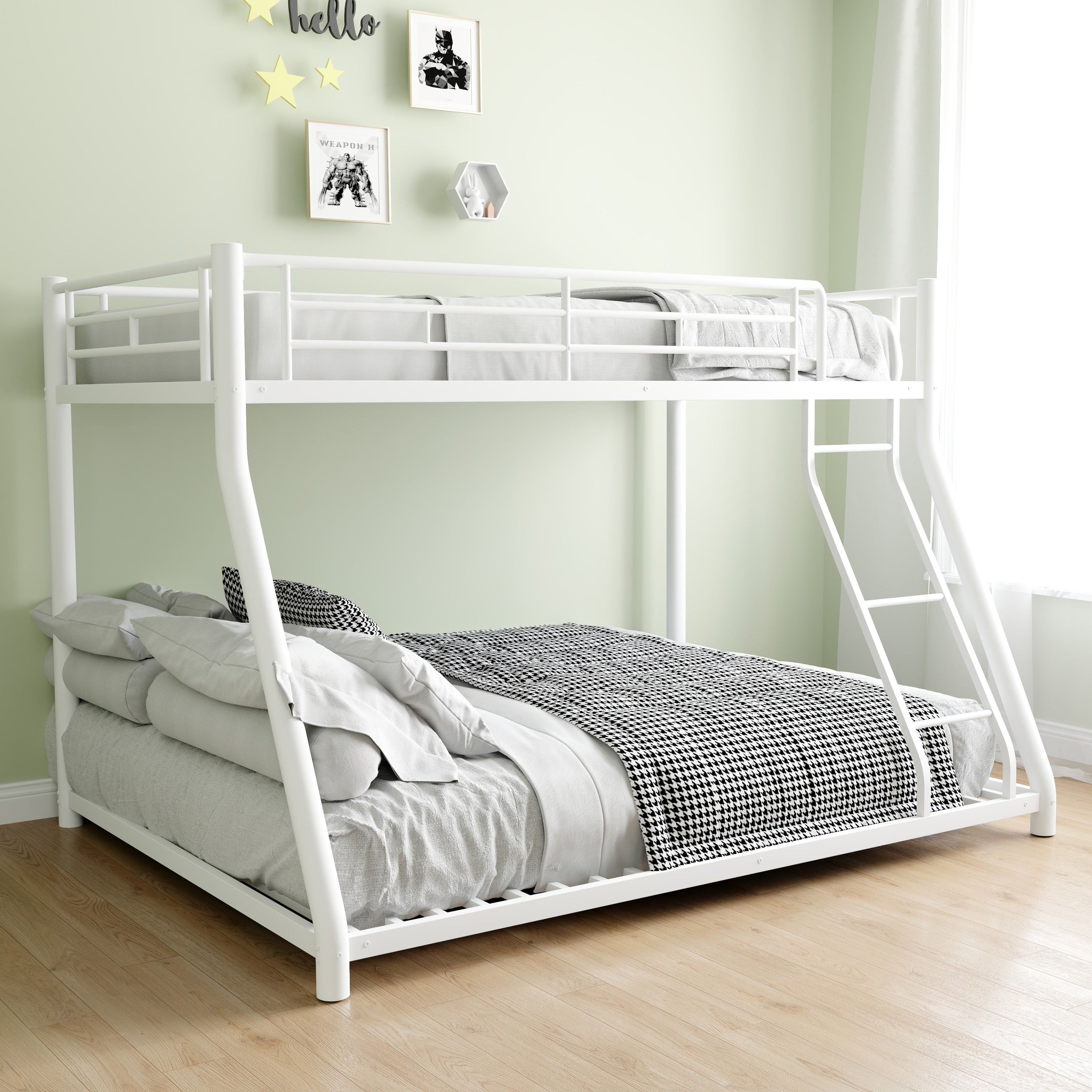 Metal Bunk Bed Twin Over Full Size with Removable Stairs, Heavy Duty Sturdy Frame with 12" Under-Bed Storage for Teen & Adults, Teens, No Box Spring Needed, White