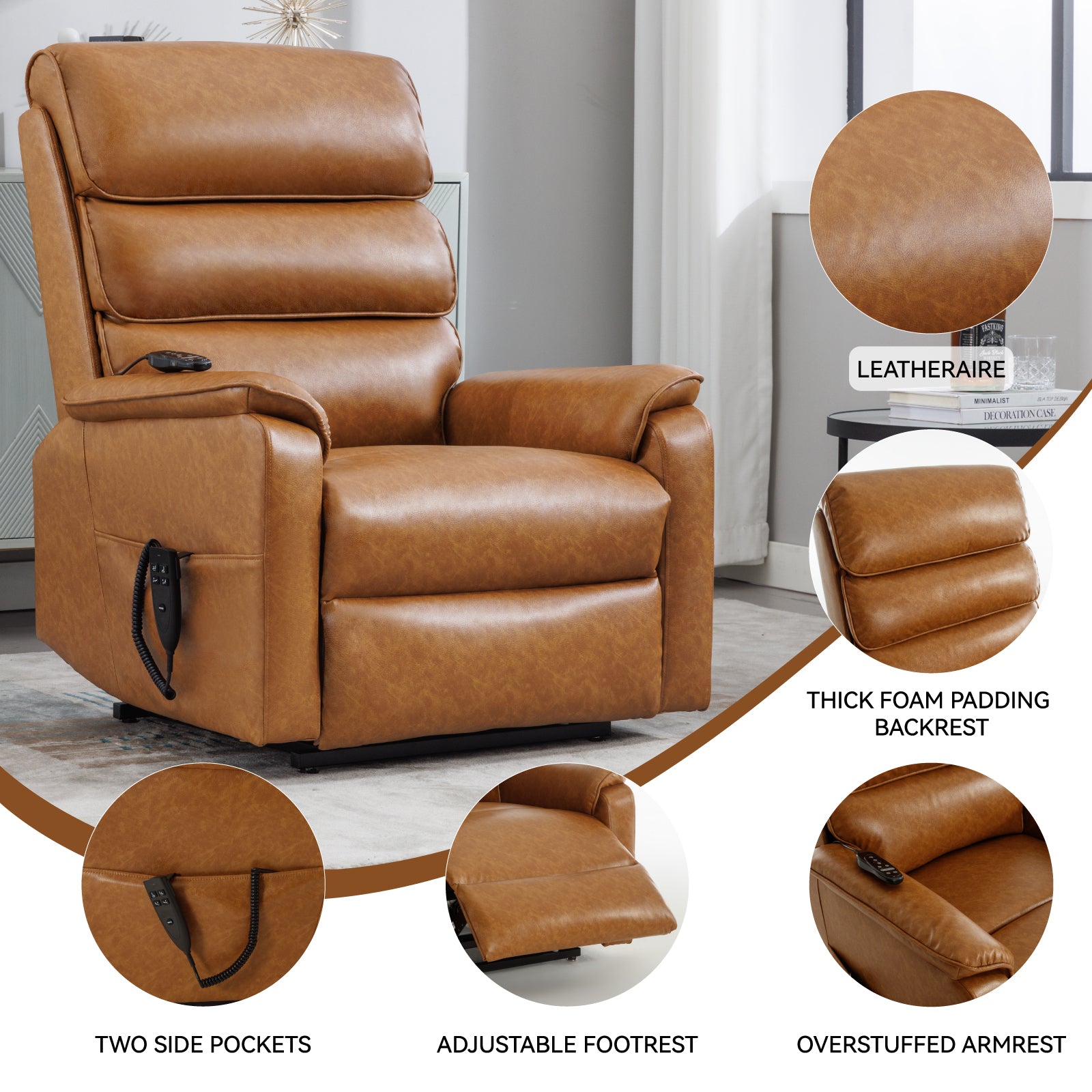 Brown Leatheraire Dual Motor Infinite Position Up to 350 LBS Power Lift Recliner Chair with Power-Remote, Heat Massage and Heavy Duty Motion Mechanism