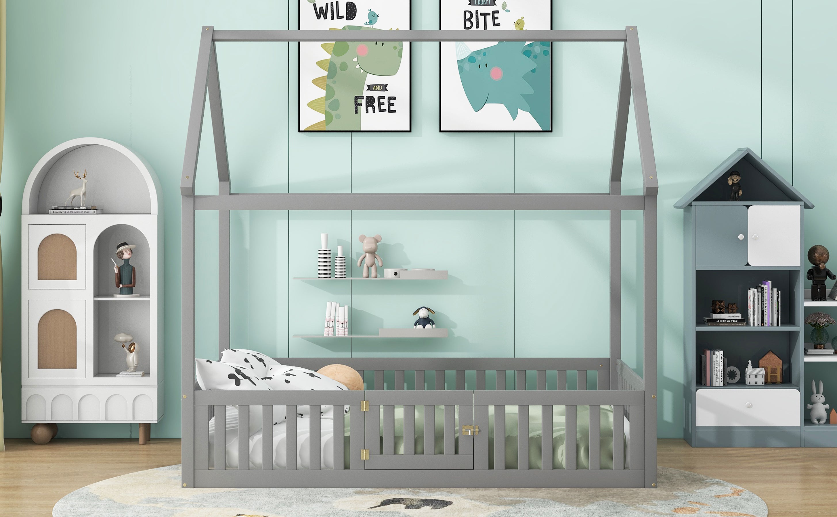 Full Size Wood House Bed with Fence and Door, Gray