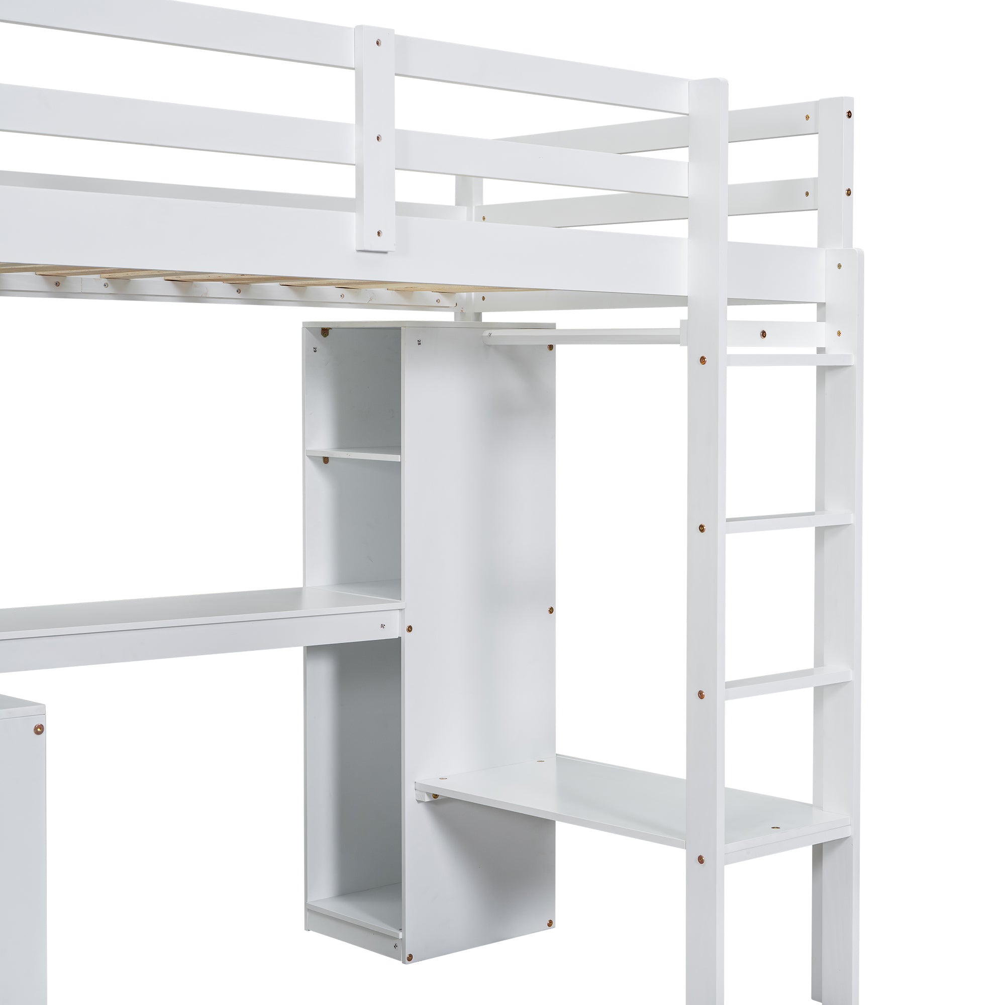 Twin Size Loft Bed with L-shaped Desk, Wardrobe and Storage Shelves, White