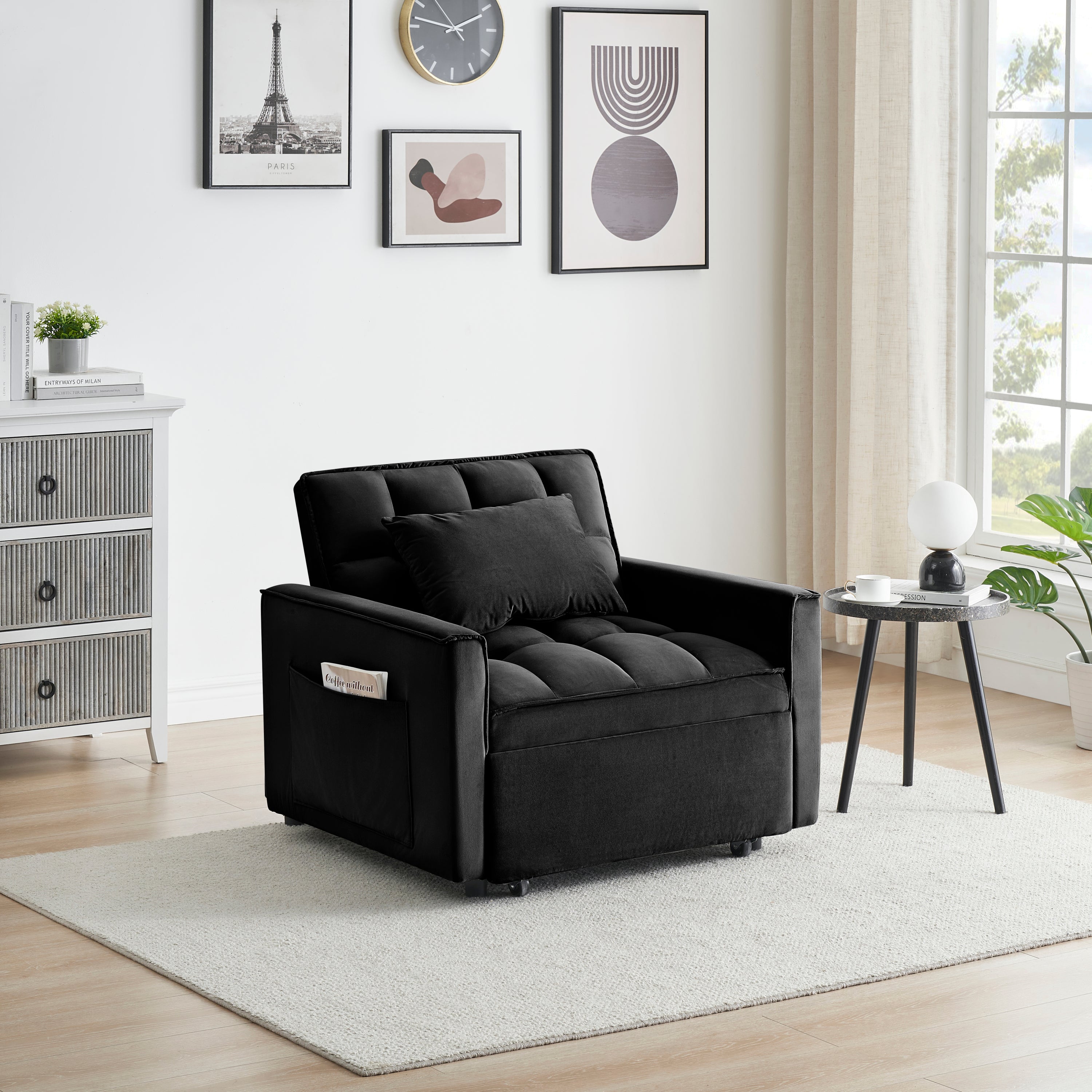 Sofa bed chair 3 in 1 convertible, recliner, single recliner, suitable for small Spaces with adjustable back black