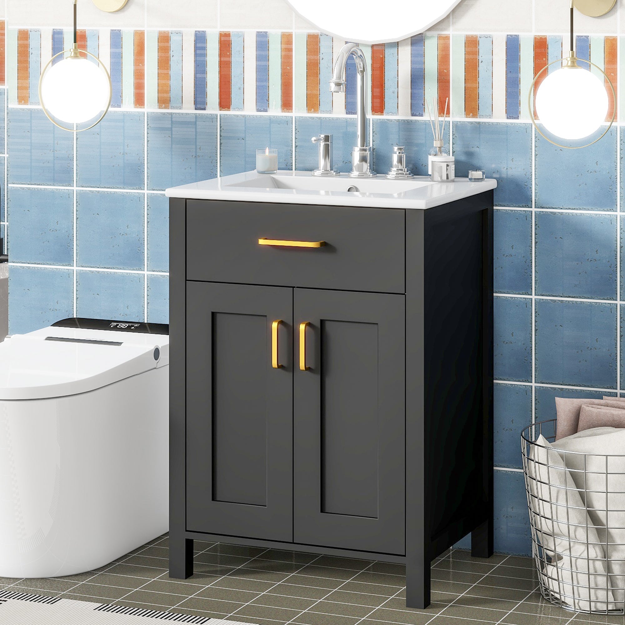 24"Bathroom Vanity Combo with Ceramic sink, Luxurious Space-Saving Vanity - W24"*D18"*H34"inch, 2 Soft Close Doors