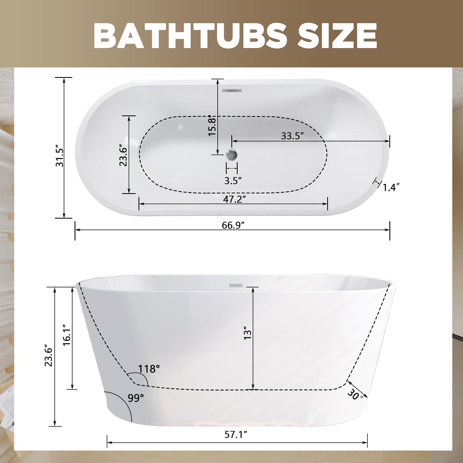 Freestanding acrylic tub glossy white with toe-tap chrome drain detail