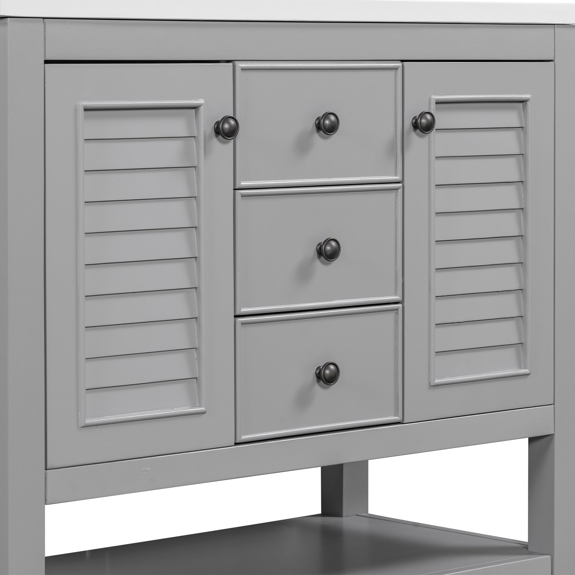 36" Bathroom Vanity without Sink, Cabinet Base Only, Two Cabinets and Drawers, Open Shelf, Solid Wood Frame, Grey