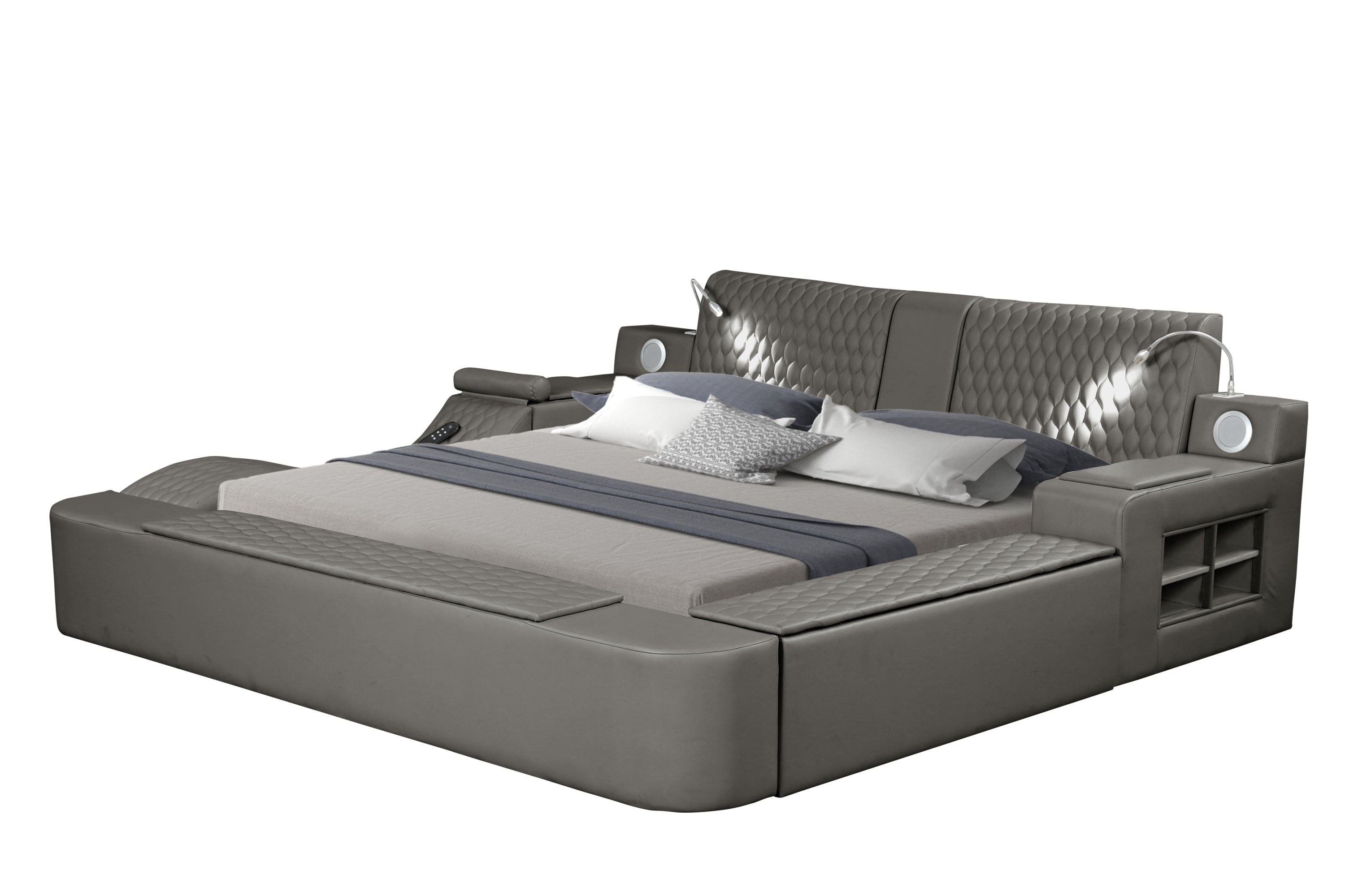 Smart Multifunctional Queen Size Bed Made with Wood in Gray