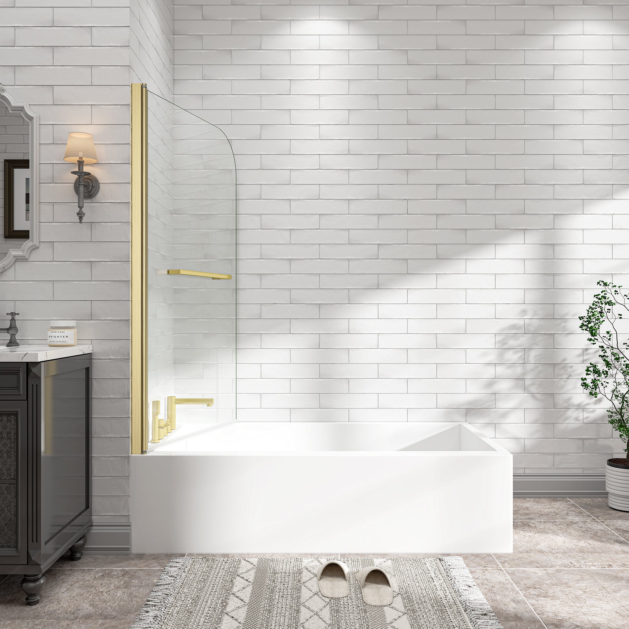 Brushed gold bathtub screen dimension diagram 31-32 x 55 in.
