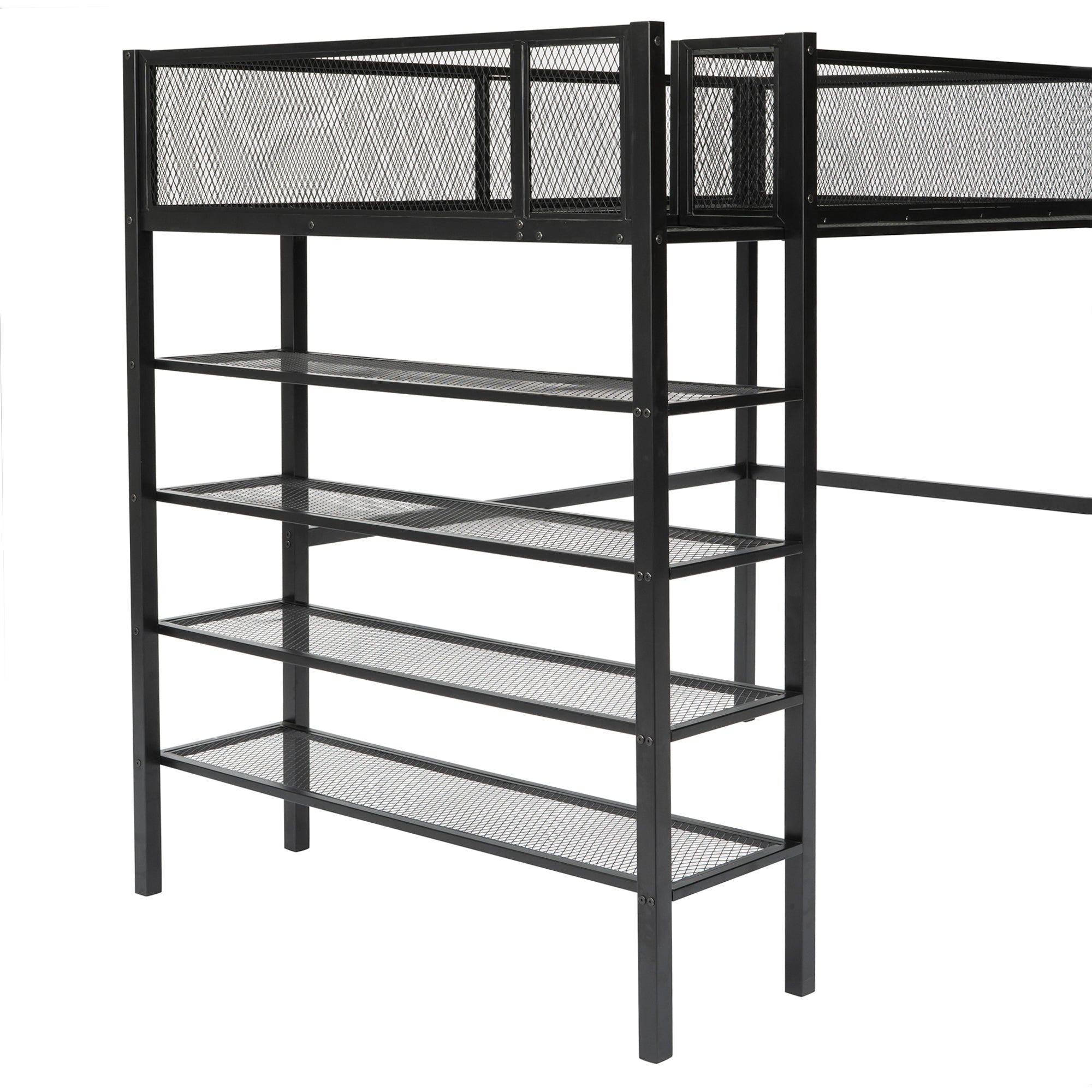 Twin Size Metal Loft Bed with 4-Tier Shelves and Storage, Black