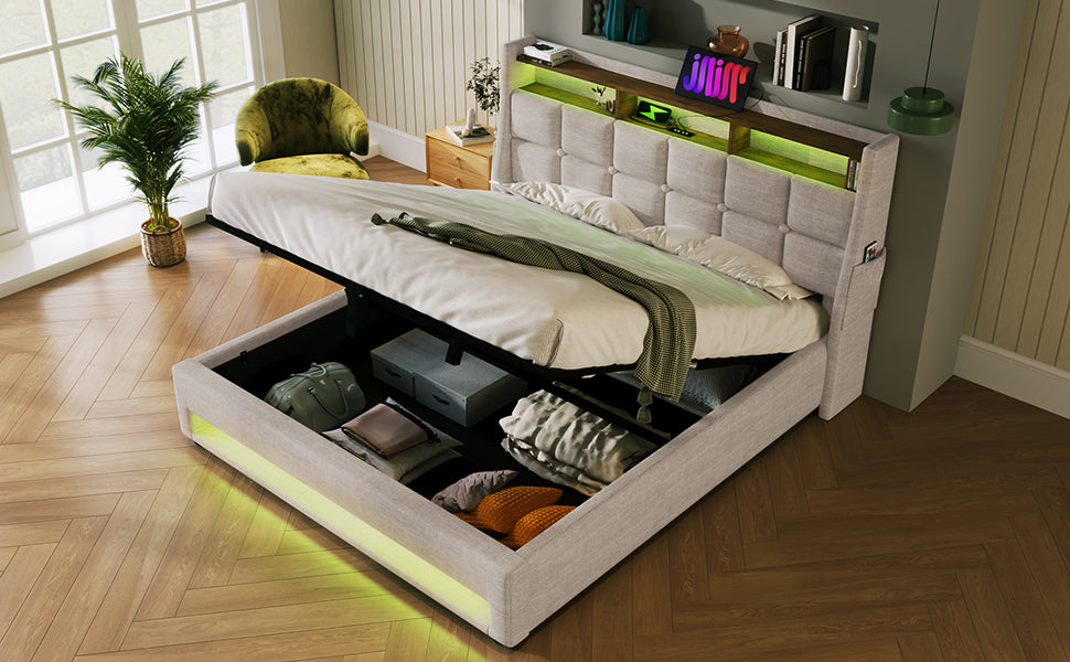 Queen size Upholstered Platform bed with a Hydraulic Storage System, LED and USB Charging, Natural (without mattress)